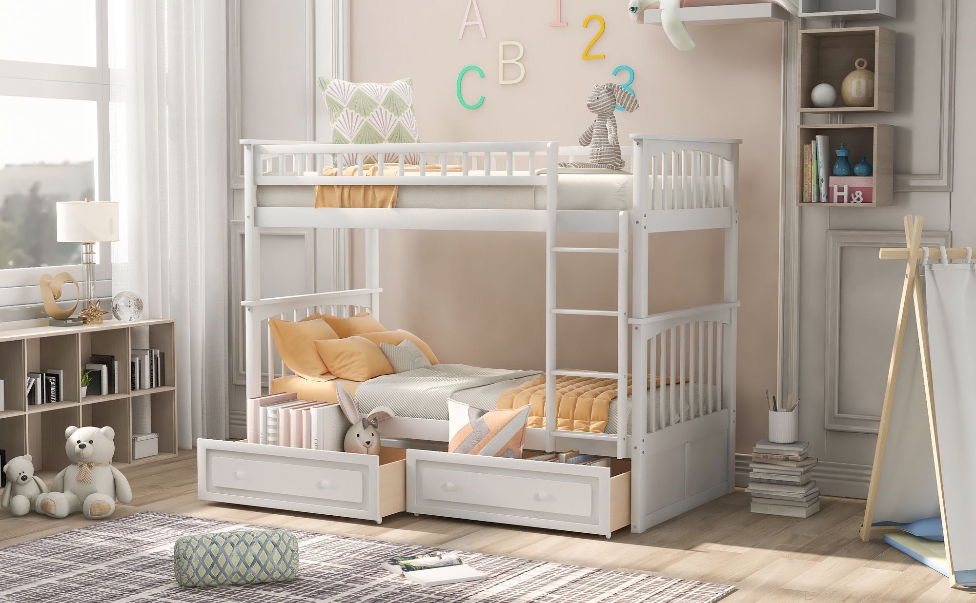 Space-Saving Twin over Twin Wood Bunk Bed with Storage Drawers and Convertible Design in White | Just Better Bunk Beds