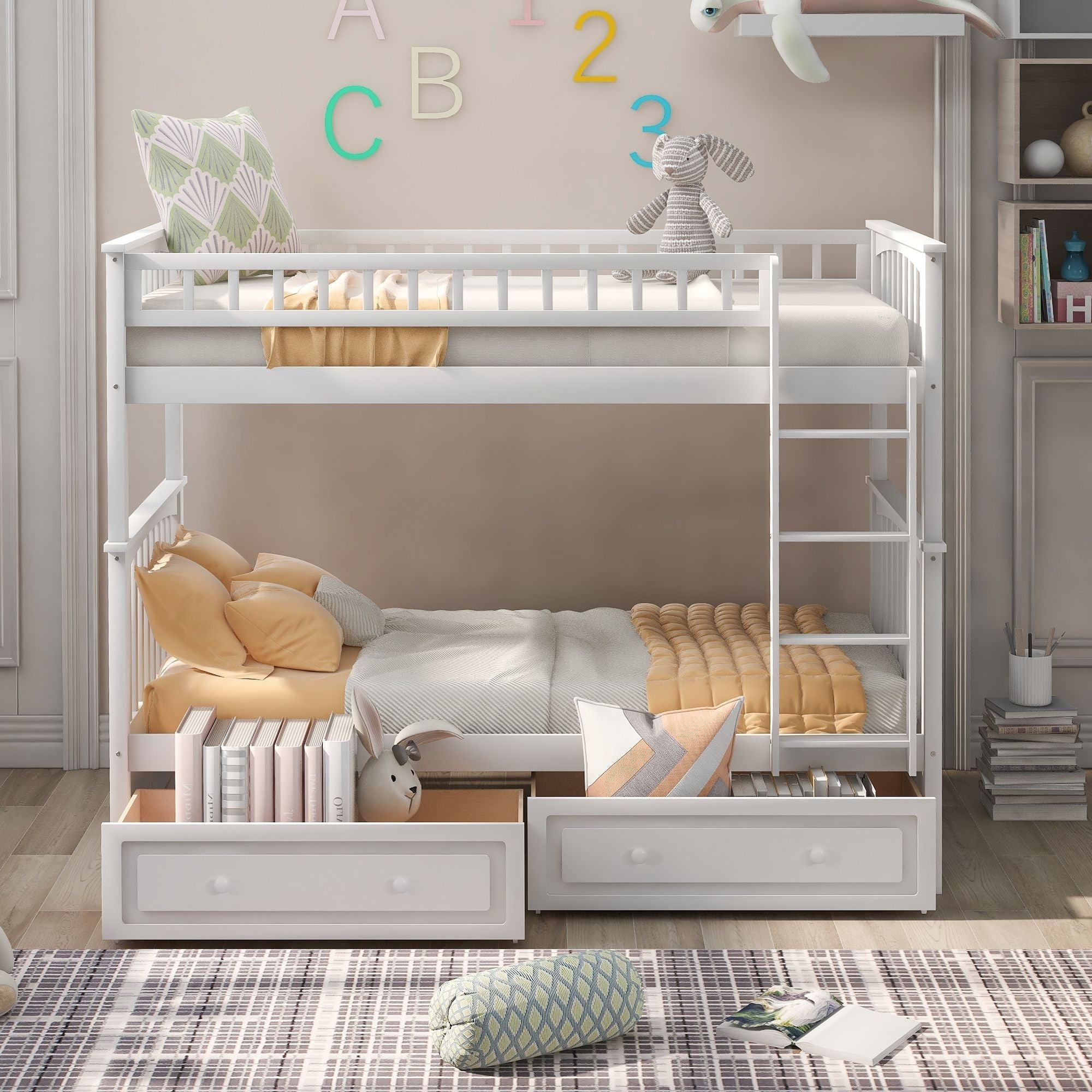 Space-Saving Twin over Twin Wood Bunk Bed with Storage Drawers and Convertible Design in White | Just Better Bunk Beds