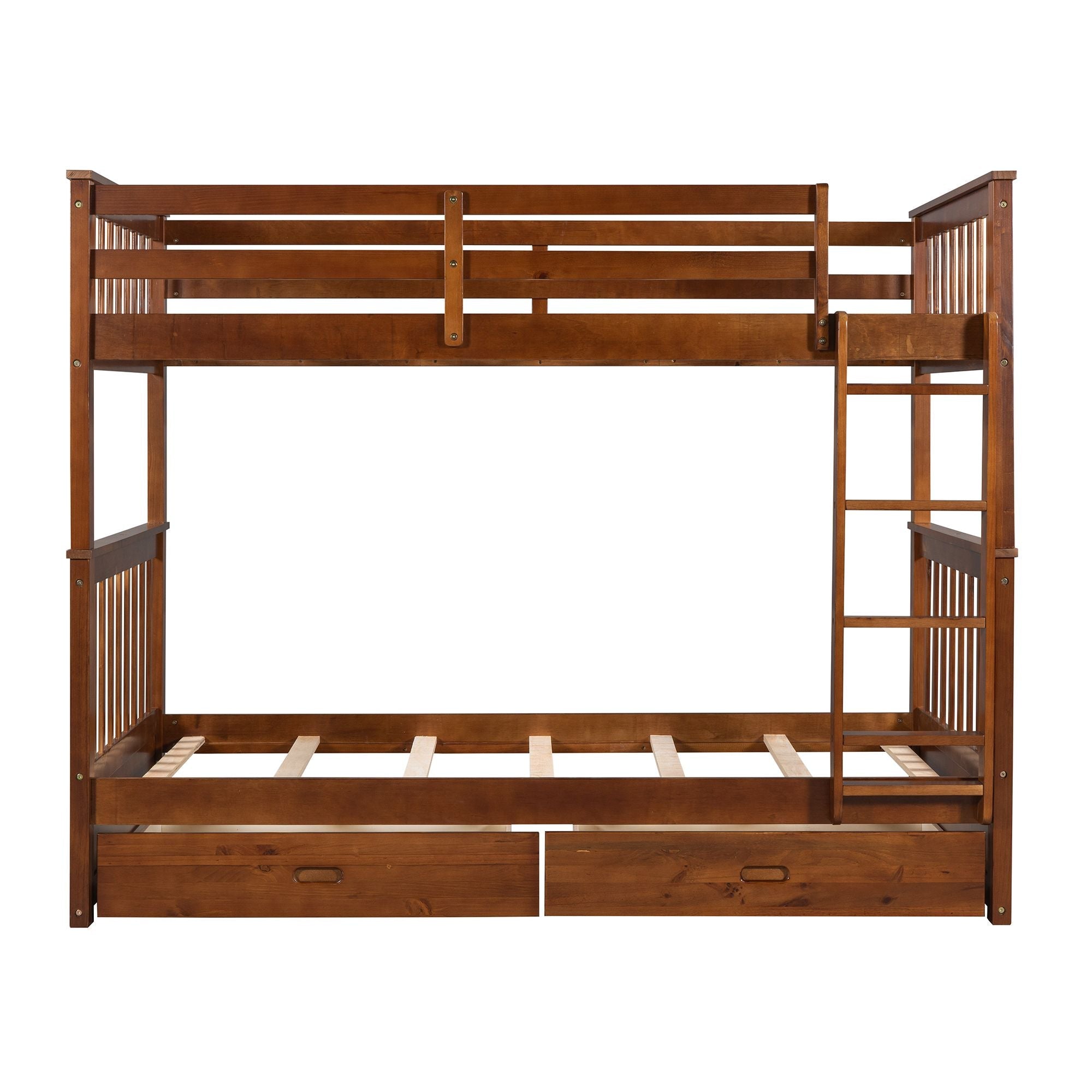 Space-Saving Twin Over Twin Wood Bunk Bed with Storage Drawers and Ladders, Walnut | Just Better Bunk Beds