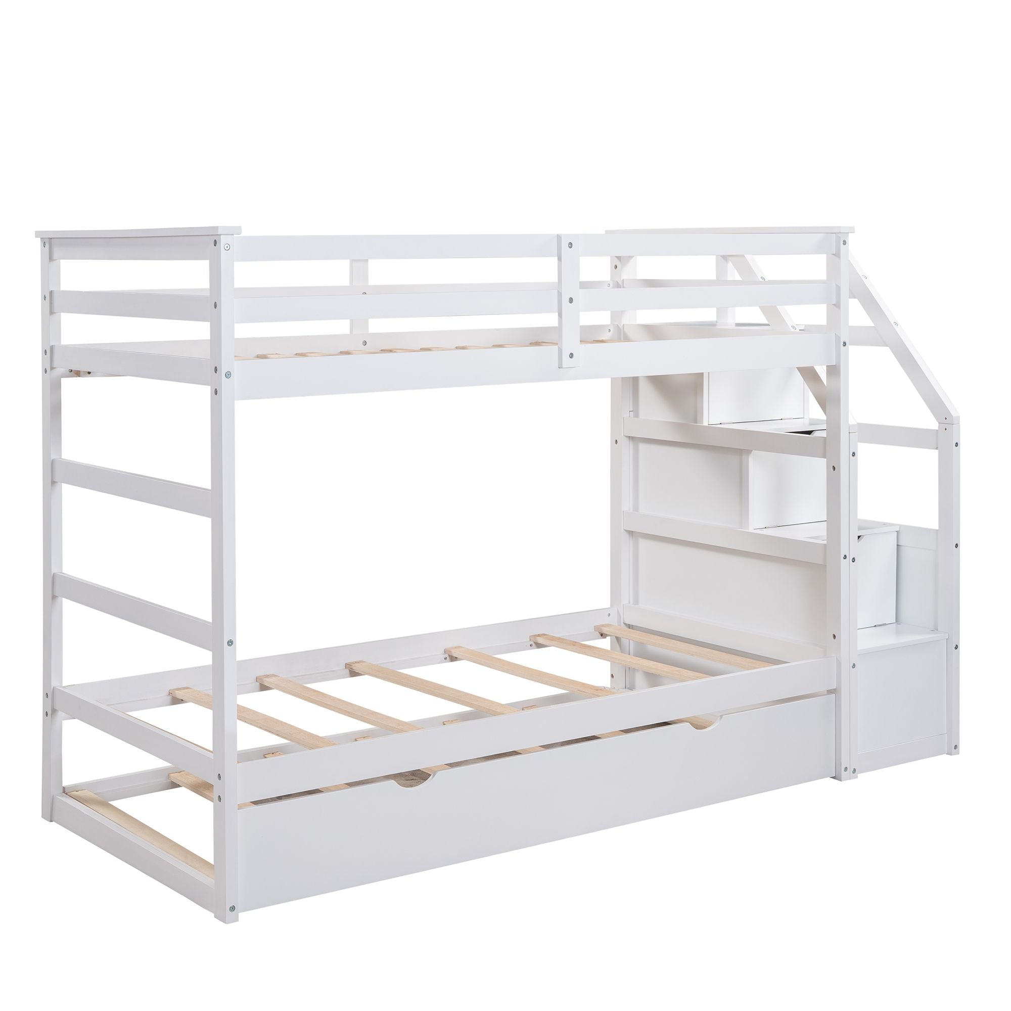 Space-Saving Twin Over Twin Wood Bunk Bed with Trundle and 3 Storage Stairs in White | Just Better Bunk Beds