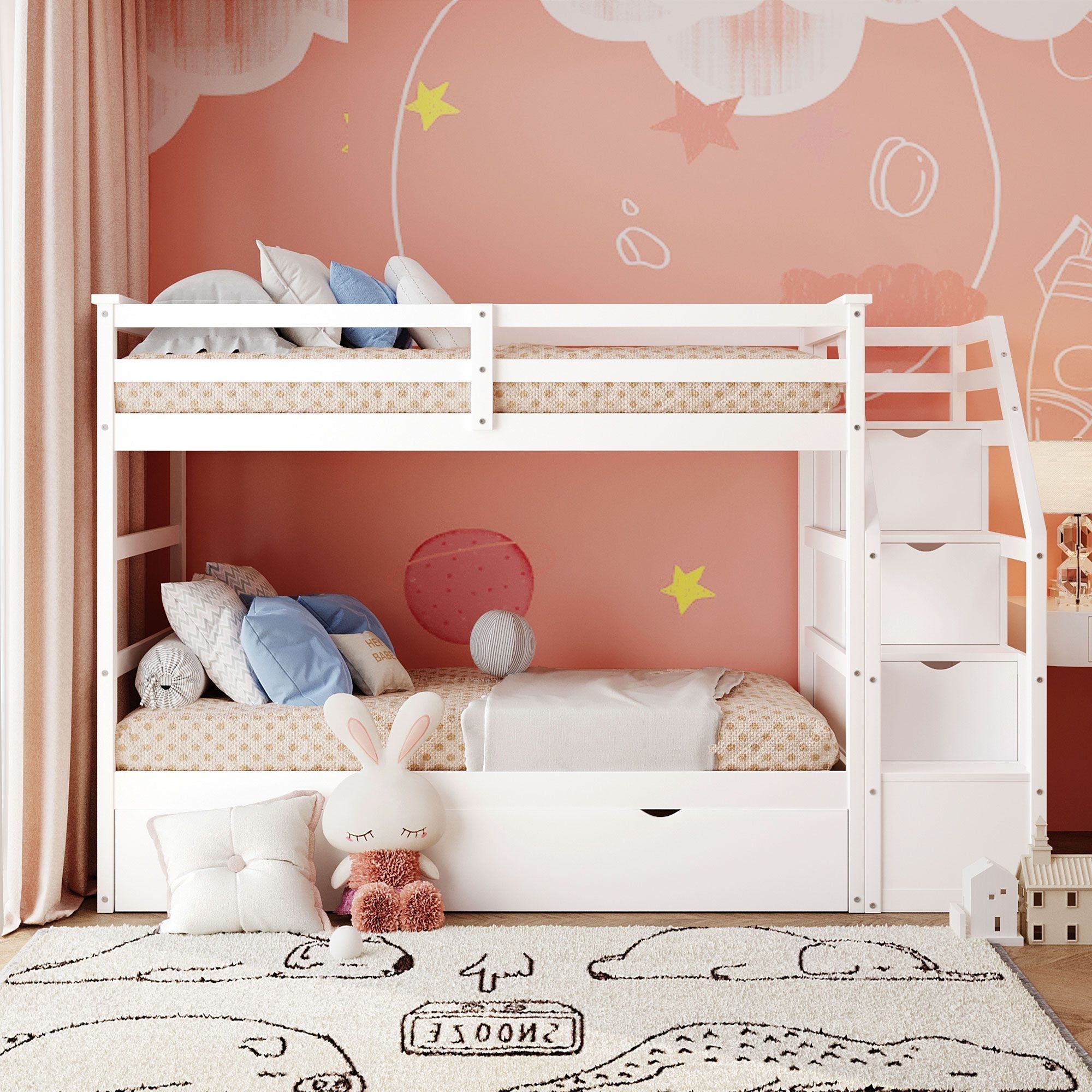 Space-Saving Twin Over Twin Wood Bunk Bed with Trundle and 3 Storage Stairs in White | Just Better Bunk Beds