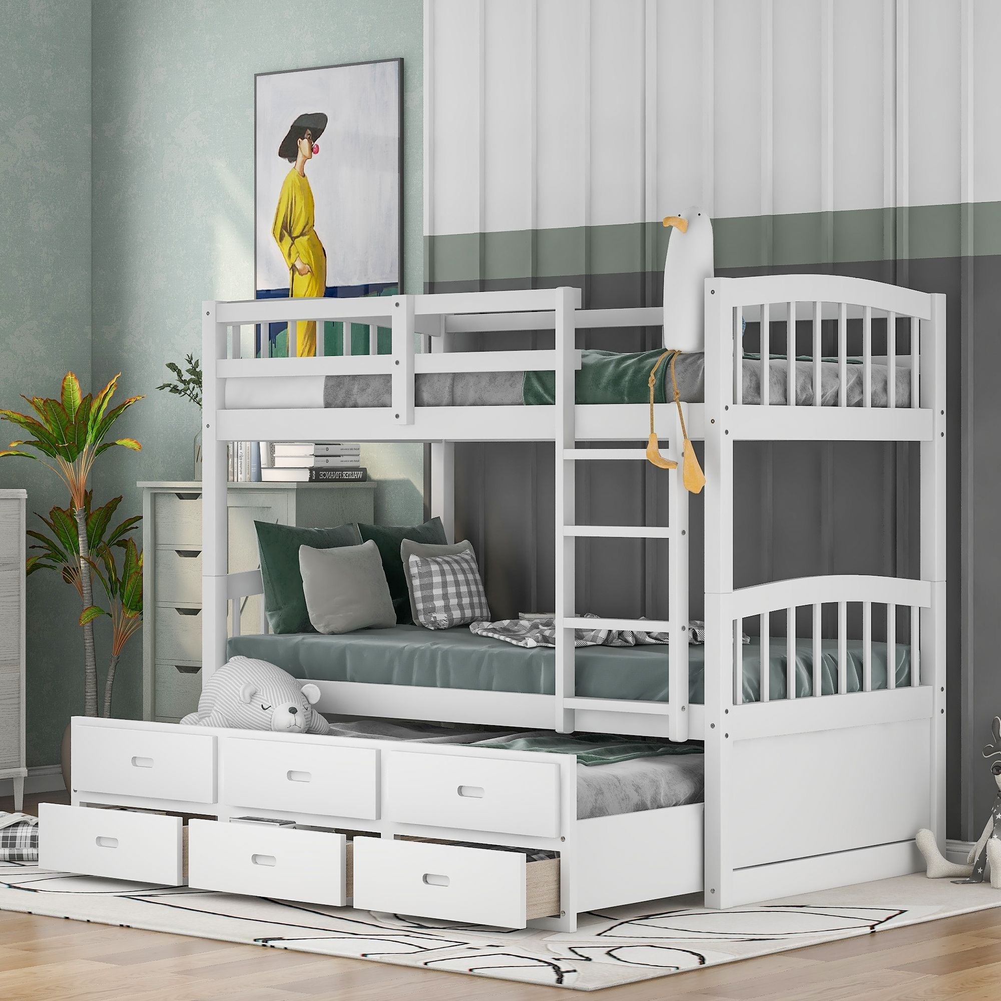 Space-Saving Twin over Twin Wood Bunk Bed with Trundle and Drawers in White for Kids’ Rooms | Just Better Bunk Beds
