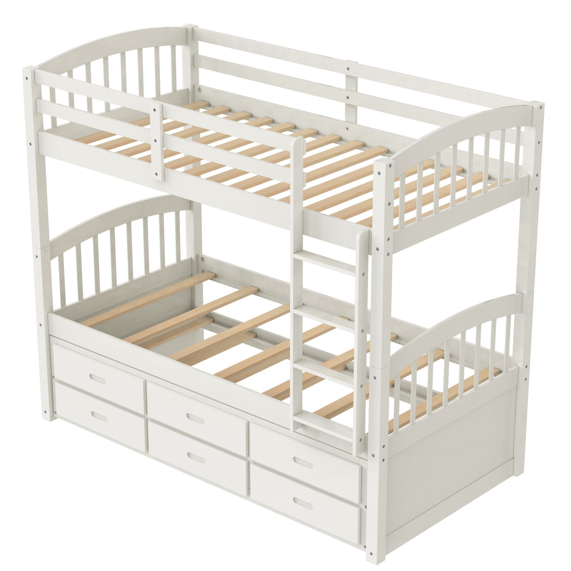 Space-Saving Twin over Twin Wood Bunk Bed with Trundle and Drawers in White for Kids’ Rooms | Just Better Bunk Beds