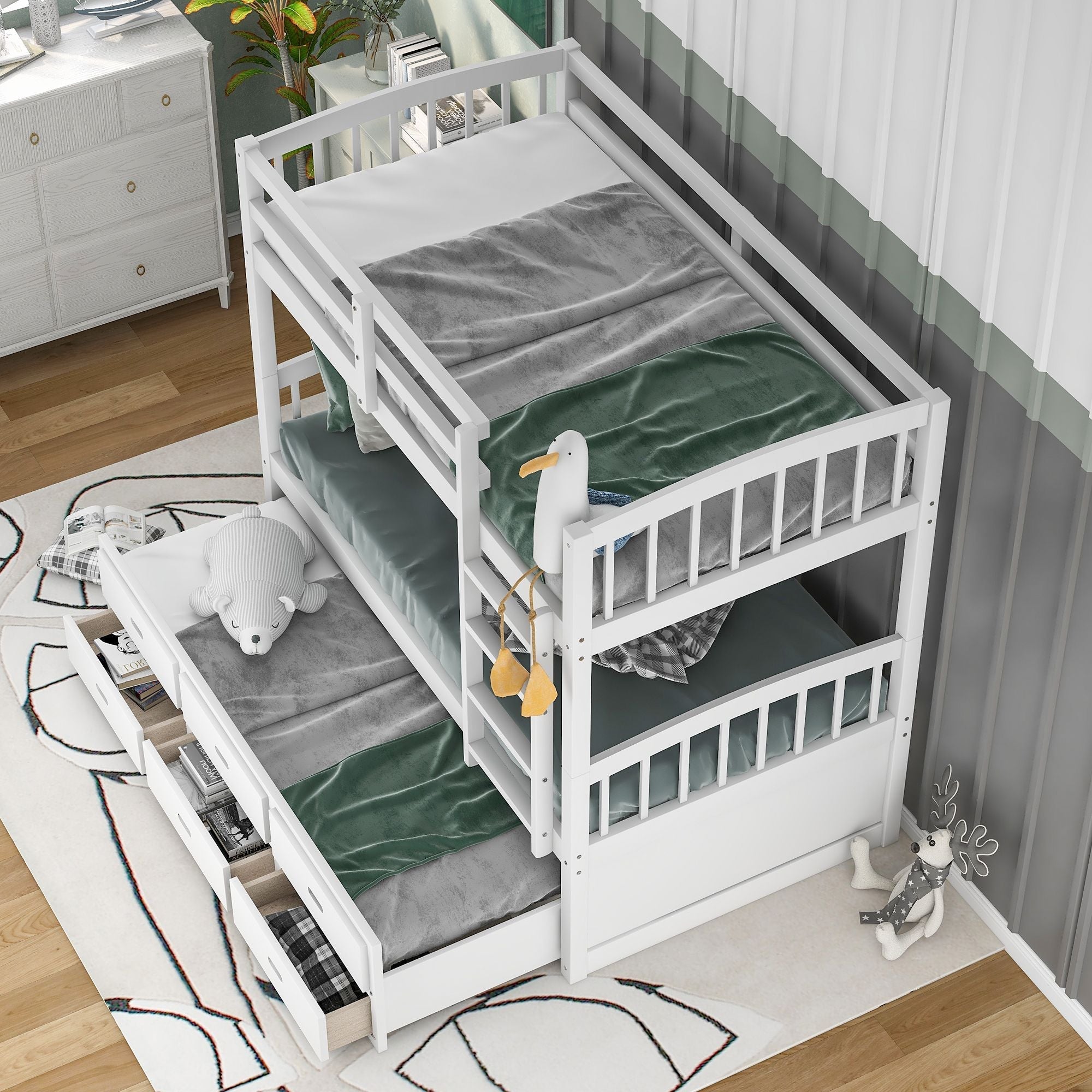 Space-Saving Twin over Twin Wood Bunk Bed with Trundle and Drawers in White for Kids’ Rooms | Just Better Bunk Beds