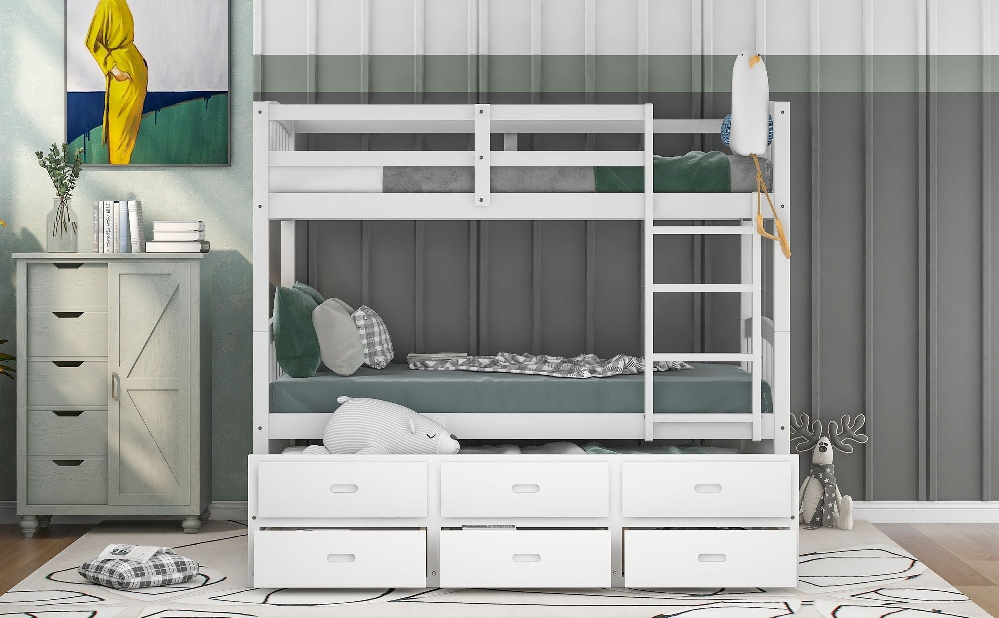 Space-Saving Twin over Twin Wood Bunk Bed with Trundle and Drawers in White for Kids’ Rooms | Just Better Bunk Beds