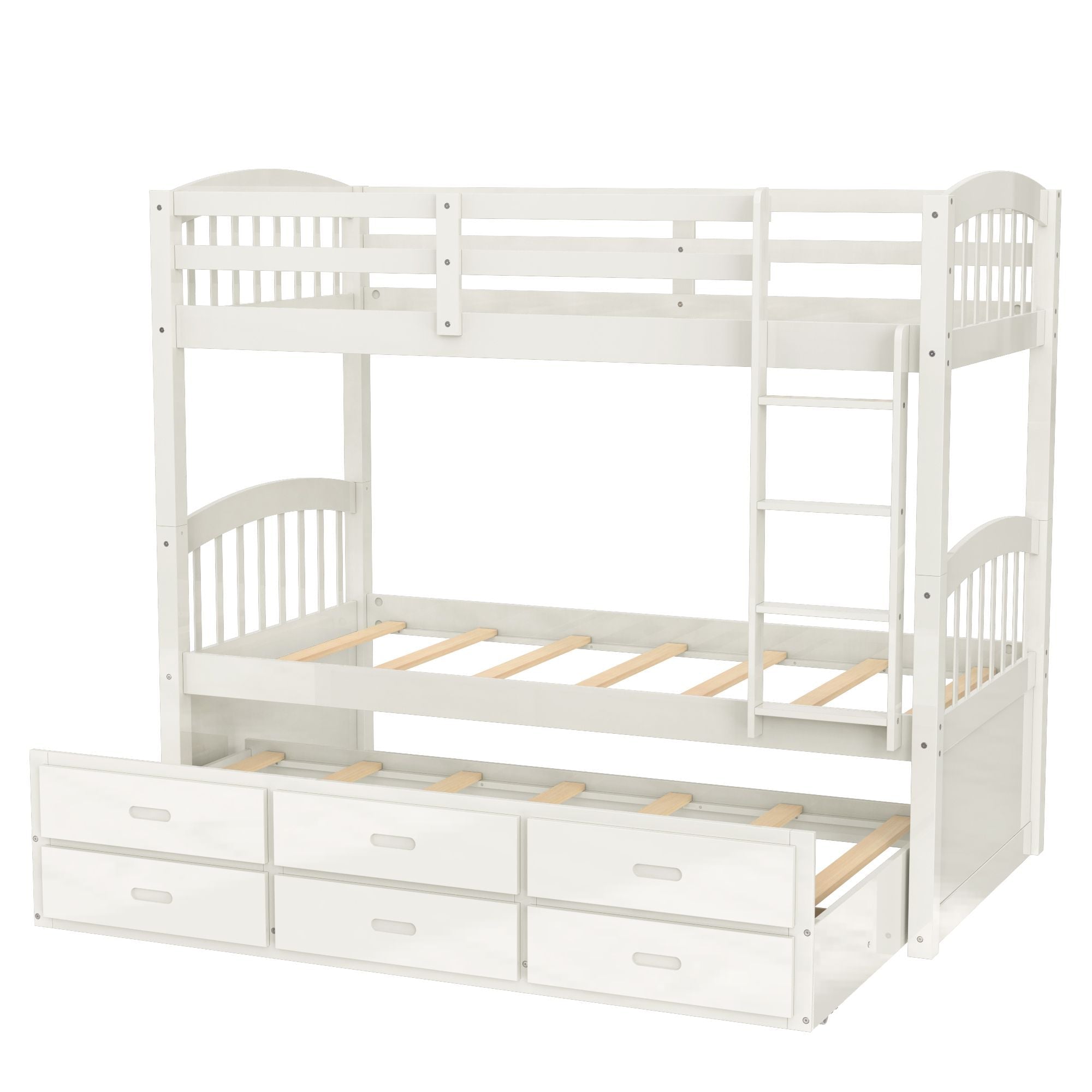 Space-Saving Twin over Twin Wood Bunk Bed with Trundle and Drawers in White for Kids’ Rooms | Just Better Bunk Beds