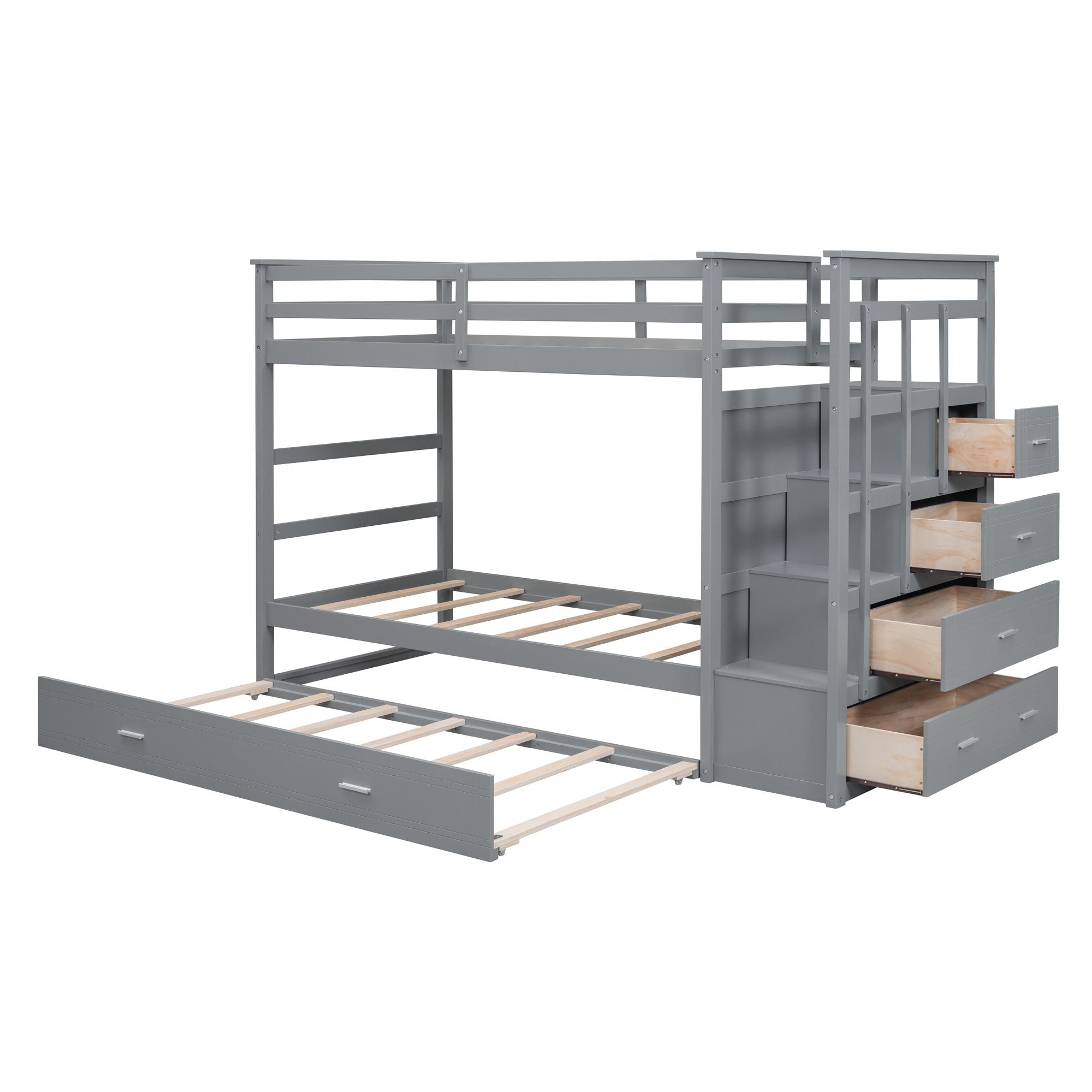 Space-Saving Twin Over Twin Wood Bunk Bed with Trundle and Staircase Storage, Gray | Just Better Bunk Beds