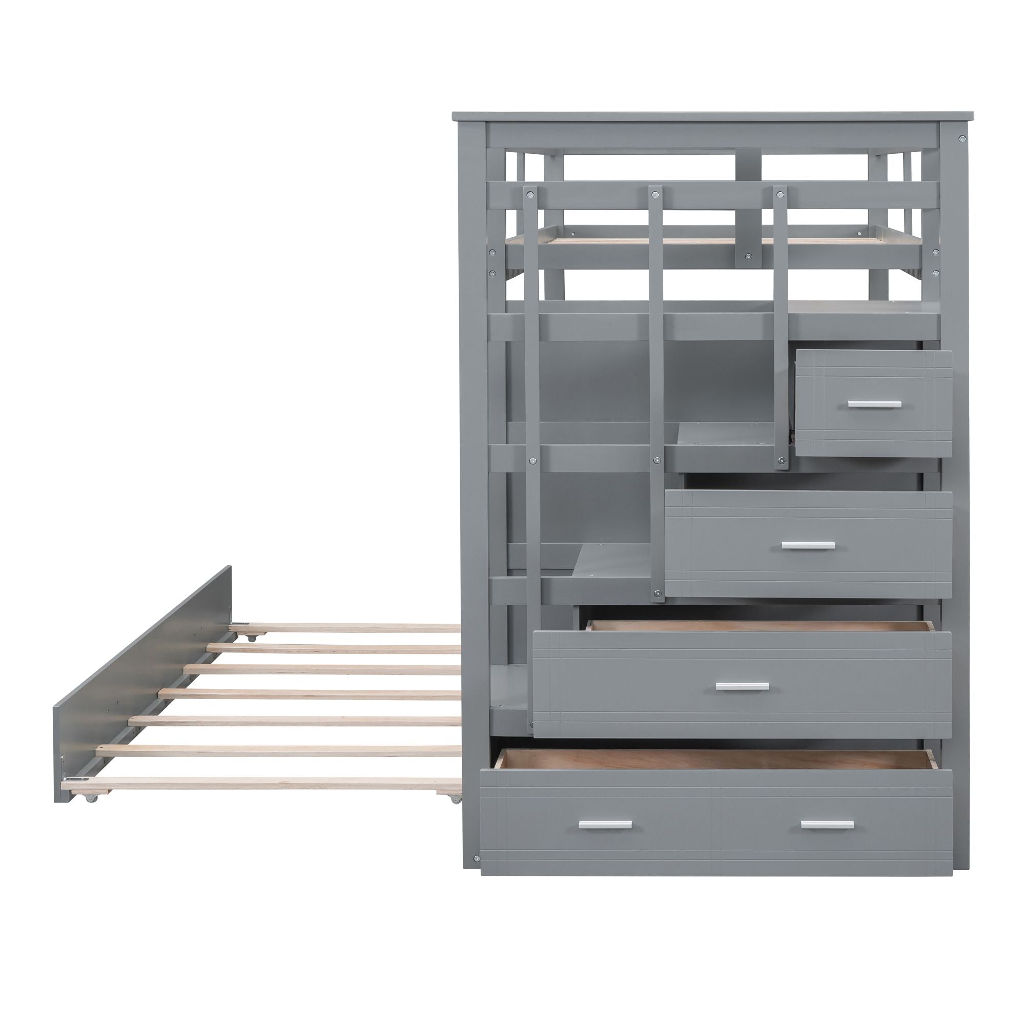 Space-Saving Twin Over Twin Wood Bunk Bed with Trundle and Staircase Storage, Gray | Just Better Bunk Beds