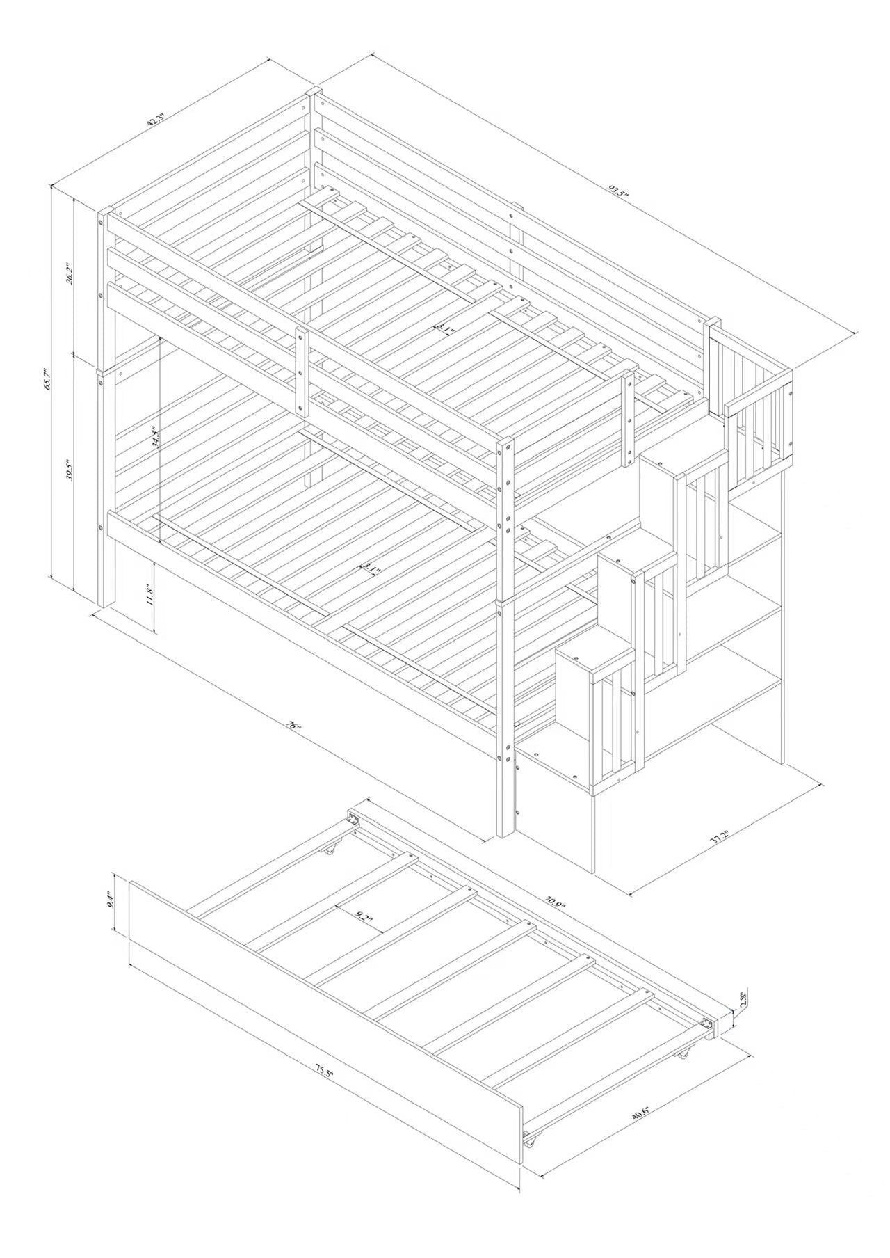 Space-Saving Twin Over Twin Wood Bunk Bed with Trundle and Stairway Storage Drawers in White | Just Better Bunk Beds