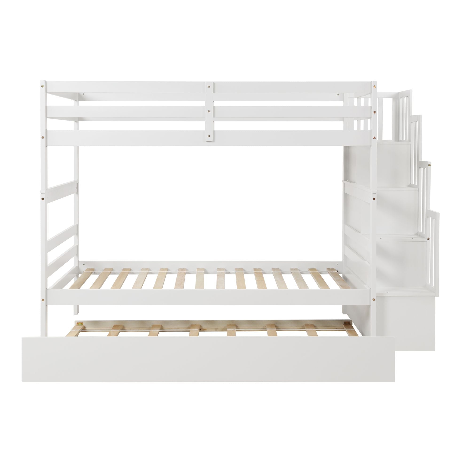 Space-Saving Twin Over Twin Wood Bunk Bed with Trundle and Stairway Storage Drawers in White | Just Better Bunk Beds