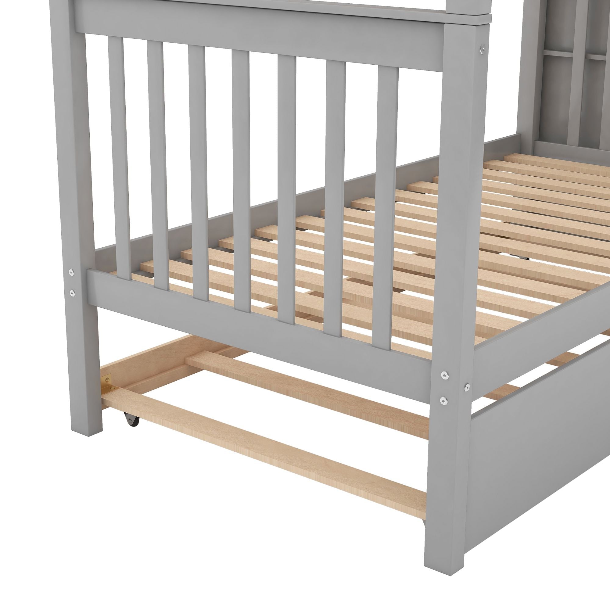 Space-Saving Twin Over Twin Wood Bunk Bed with Trundle and Storage Drawers, Gray | Just Better Bunk Beds