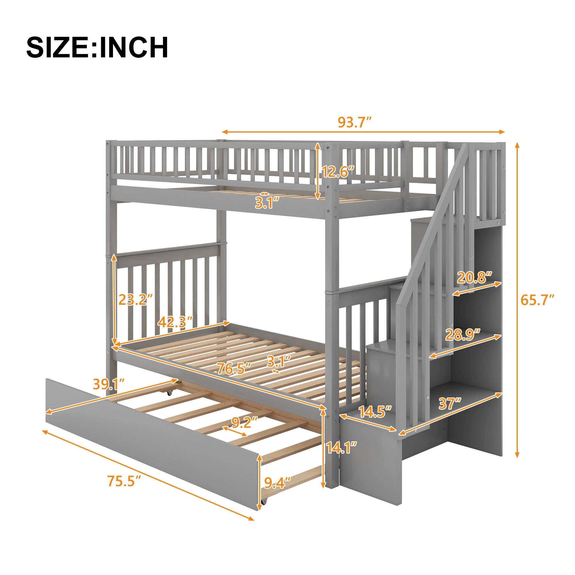 Space-Saving Twin Over Twin Wood Bunk Bed with Trundle and Storage Drawers, Gray | Just Better Bunk Beds