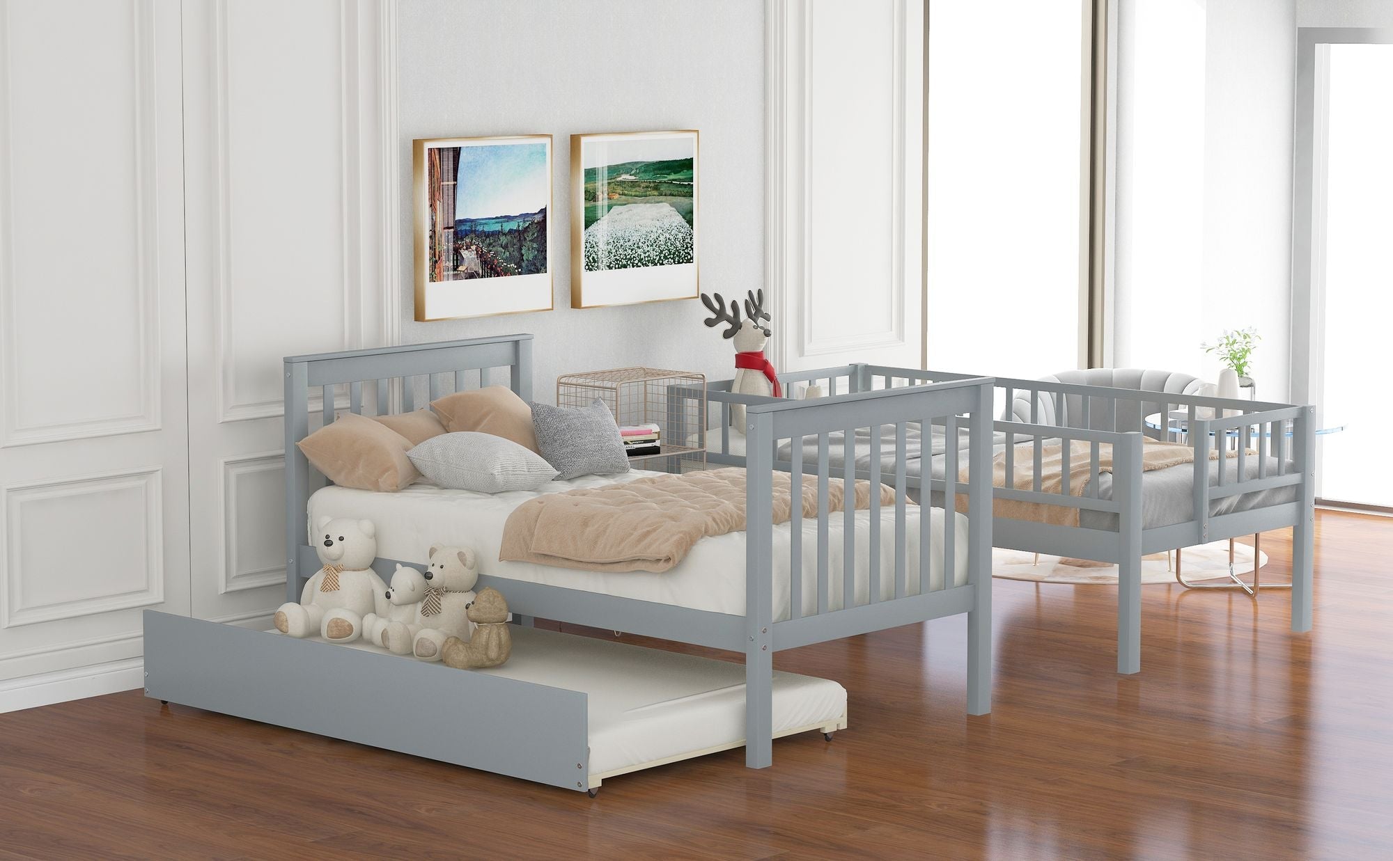 Space-Saving Twin Over Twin Wood Bunk Bed with Trundle and Storage Drawers, Gray | Just Better Bunk Beds
