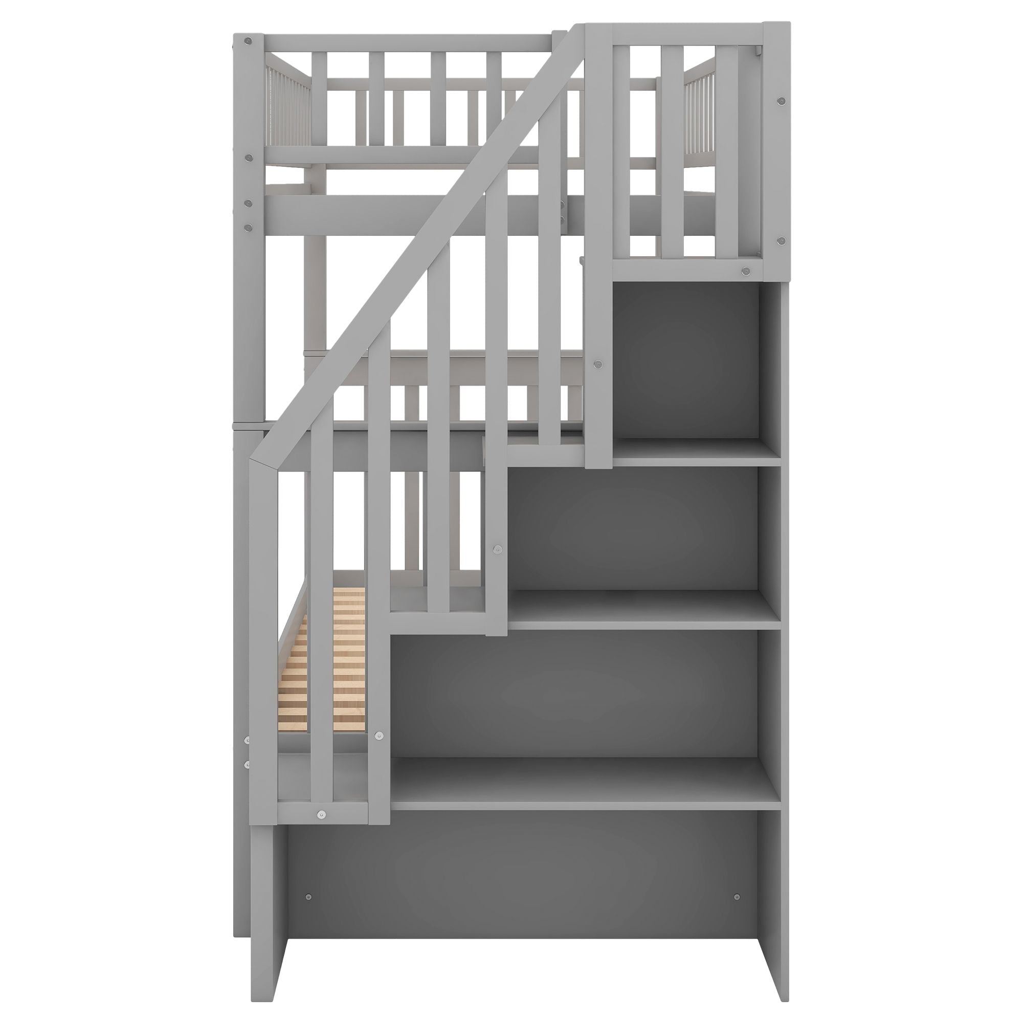 Space-Saving Twin Over Twin Wood Bunk Bed with Trundle and Storage Drawers, Gray | Just Better Bunk Beds