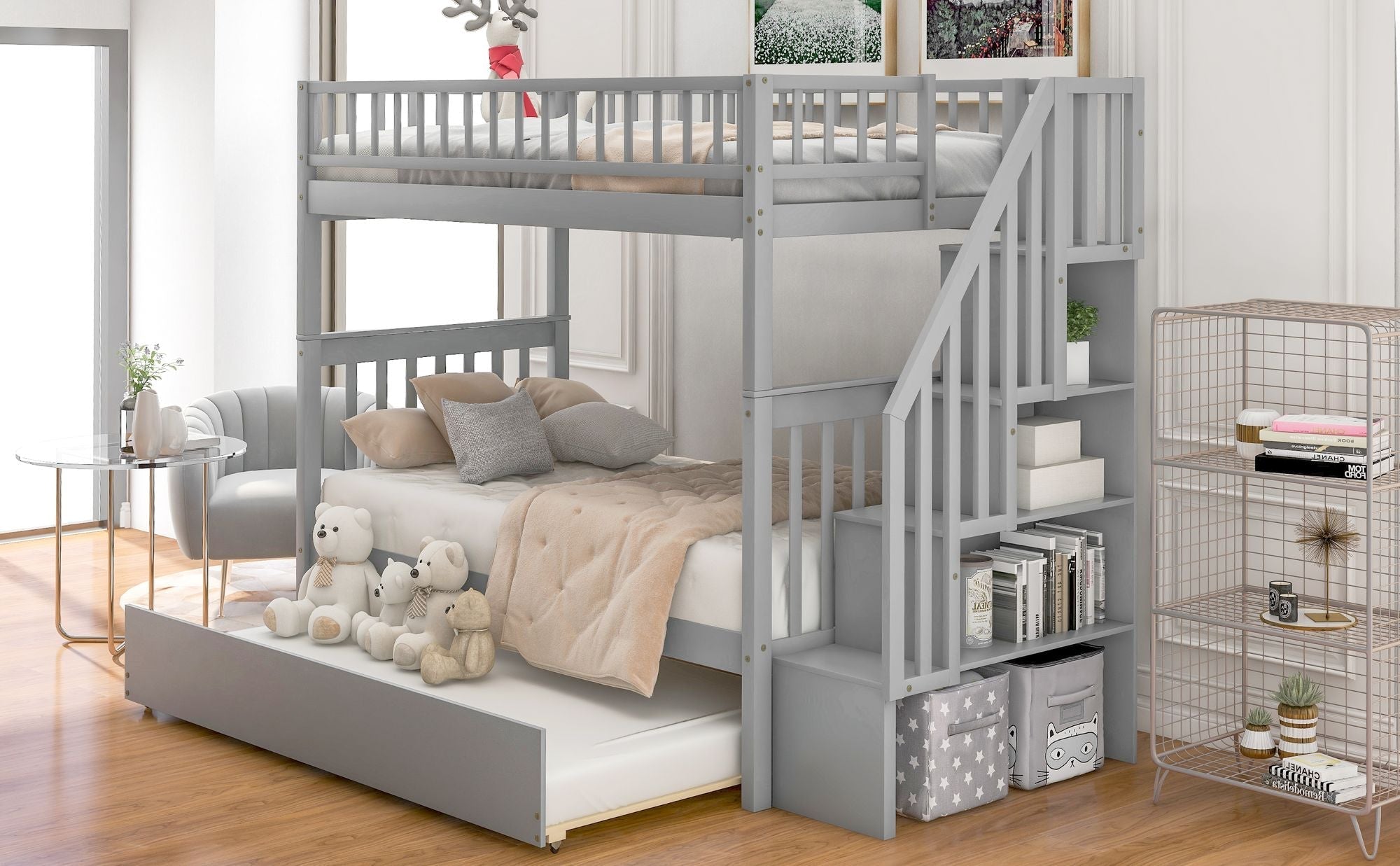 Space-Saving Twin Over Twin Wood Bunk Bed with Trundle and Storage Drawers, Gray | Just Better Bunk Beds