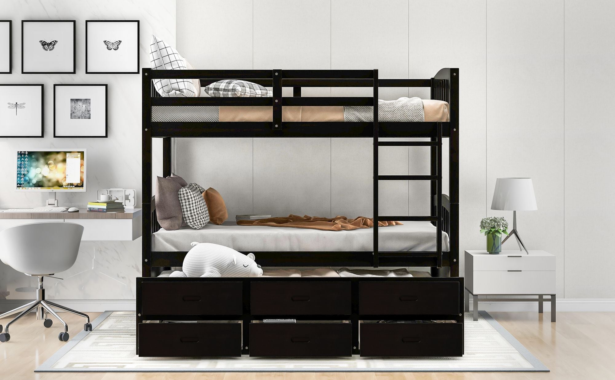Space-Saving Twin Over Twin Wood Bunk Bed with Trundle and Storage Drawers in White or Espresso | Just Better Bunk Beds