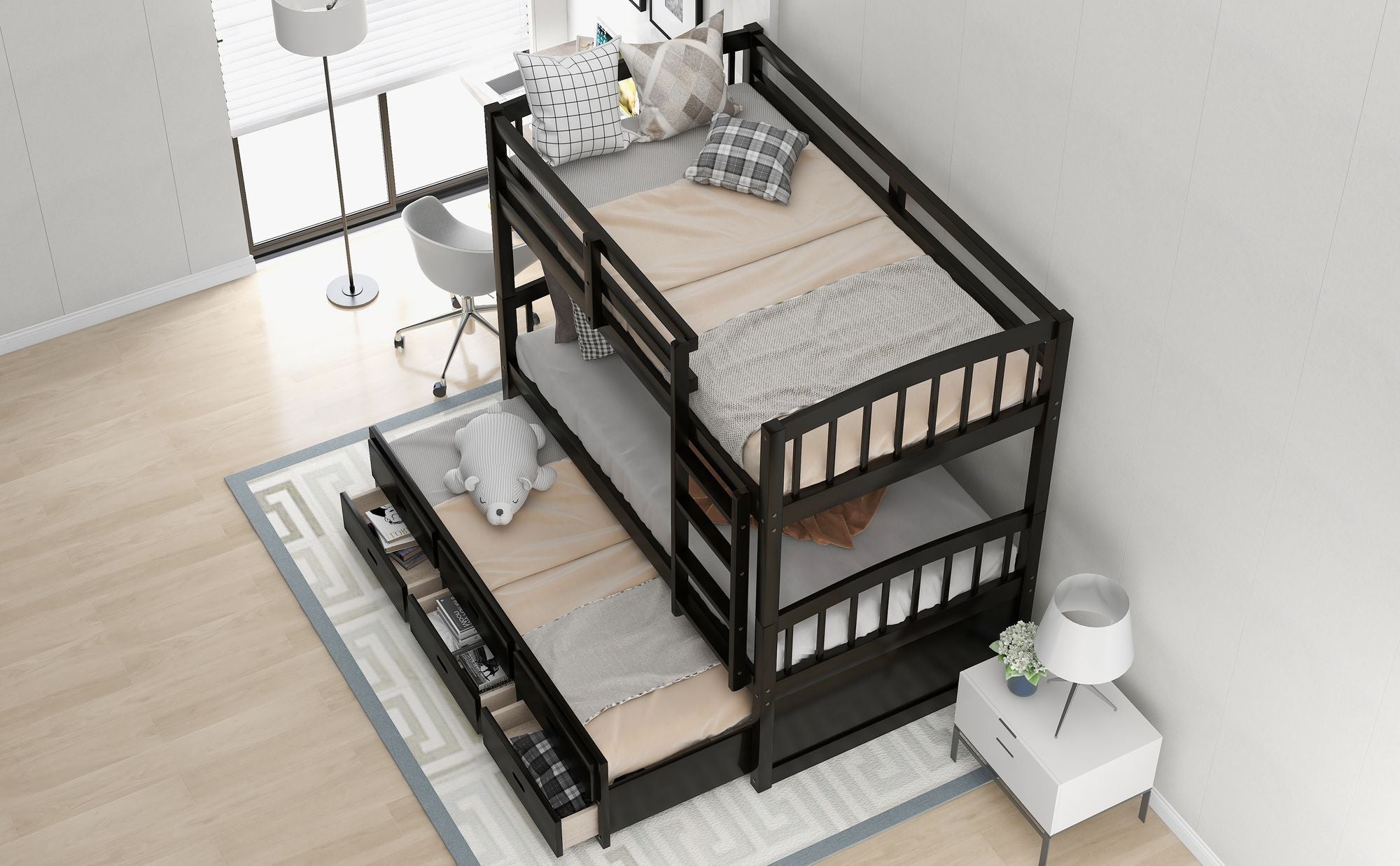 Space-Saving Twin Over Twin Wood Bunk Bed with Trundle and Storage Drawers in White or Espresso | Just Better Bunk Beds