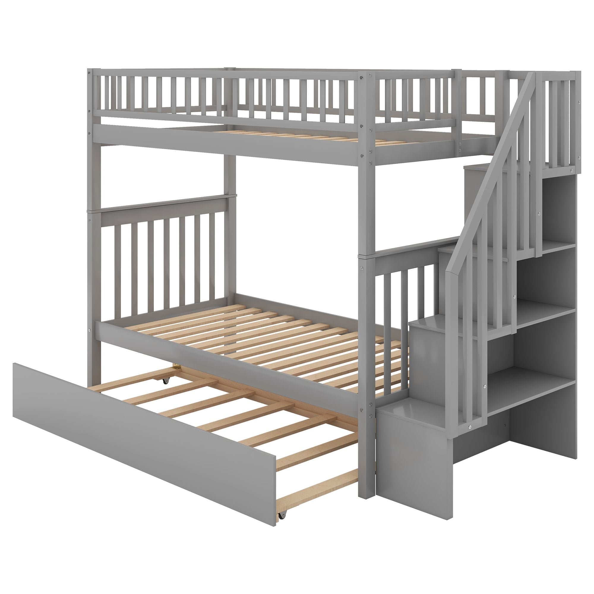 Space-Saving Twin Over Twin Wood Bunk Bed with Trundle and Storage in White or Gray | Just Better Bunk Beds
