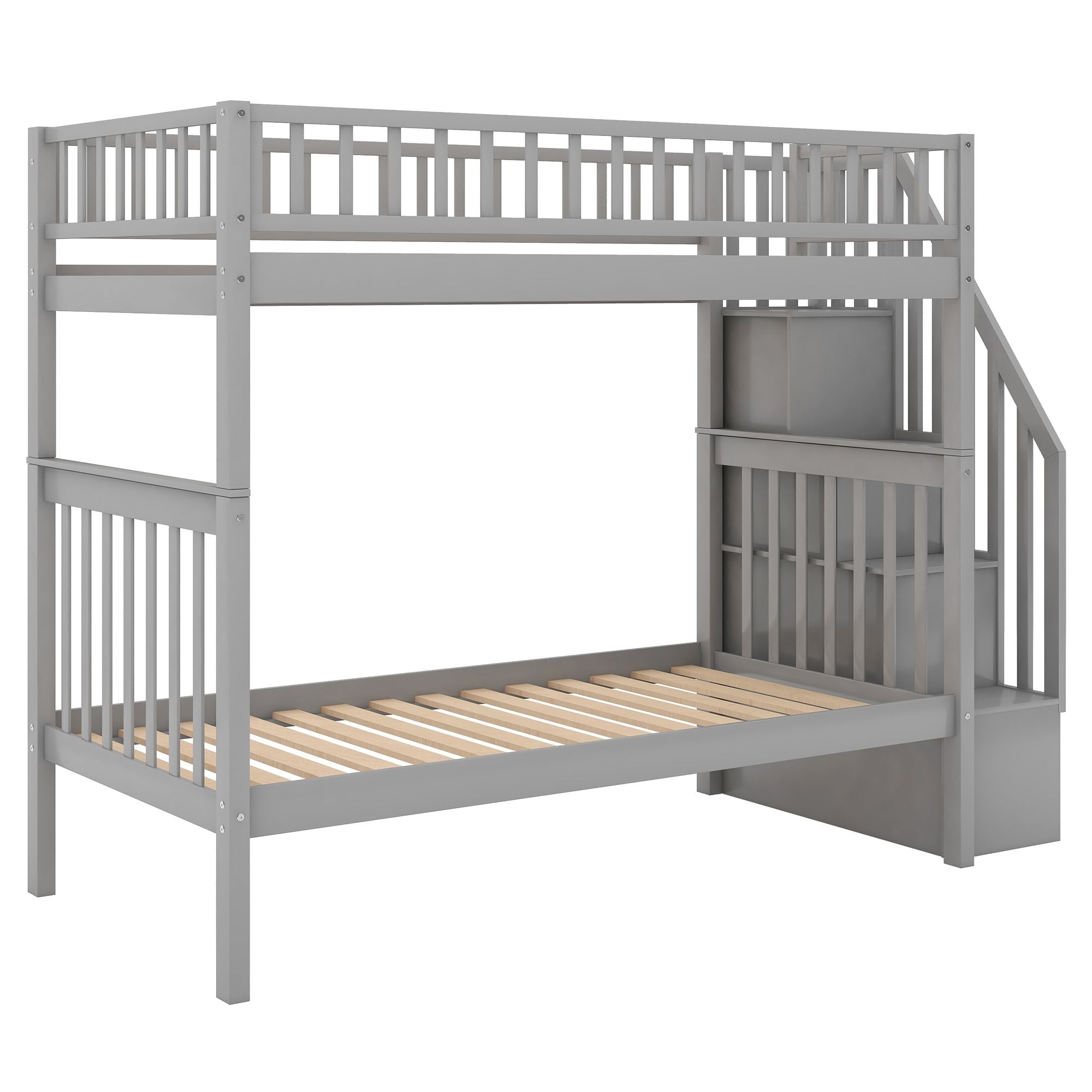 Space-Saving Twin Over Twin Wood Bunk Bed with Trundle and Storage in White or Gray | Just Better Bunk Beds