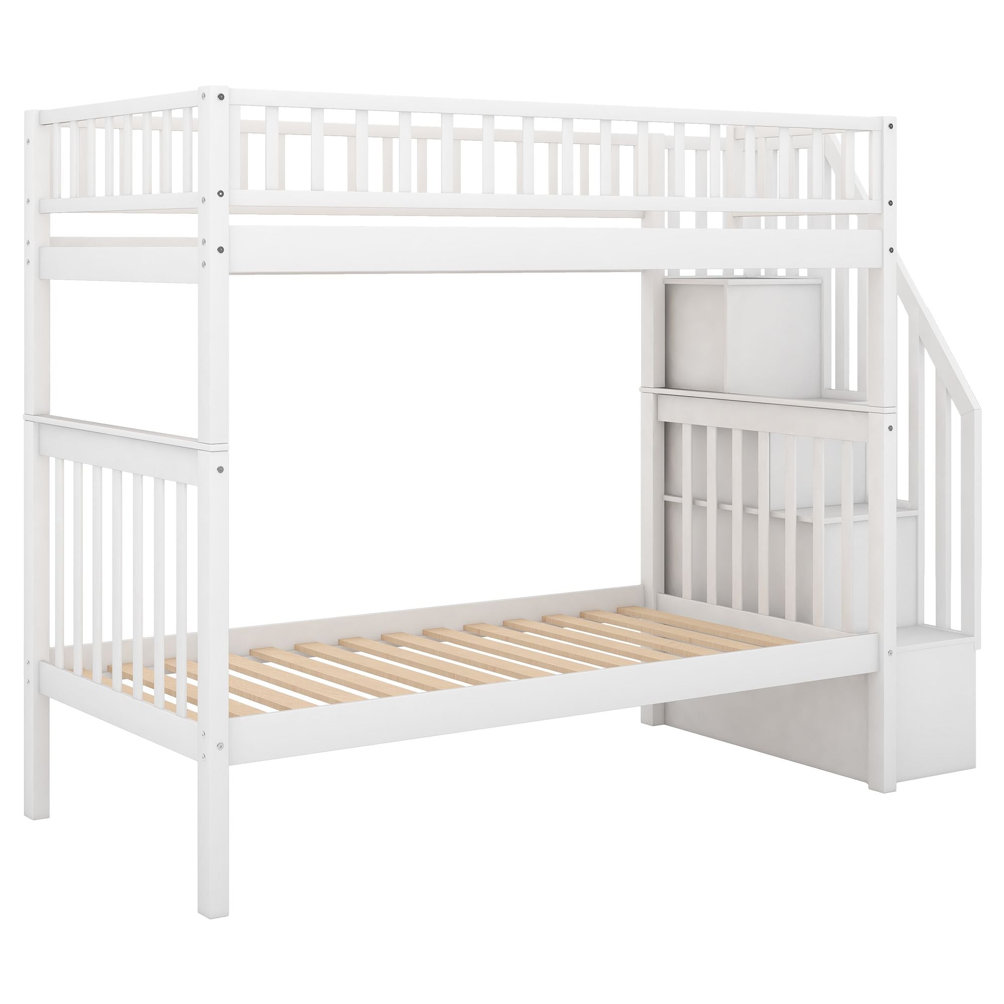 Space-Saving Twin Over Twin Wood Bunk Bed with Trundle and Storage in White or Gray | Just Better Bunk Beds