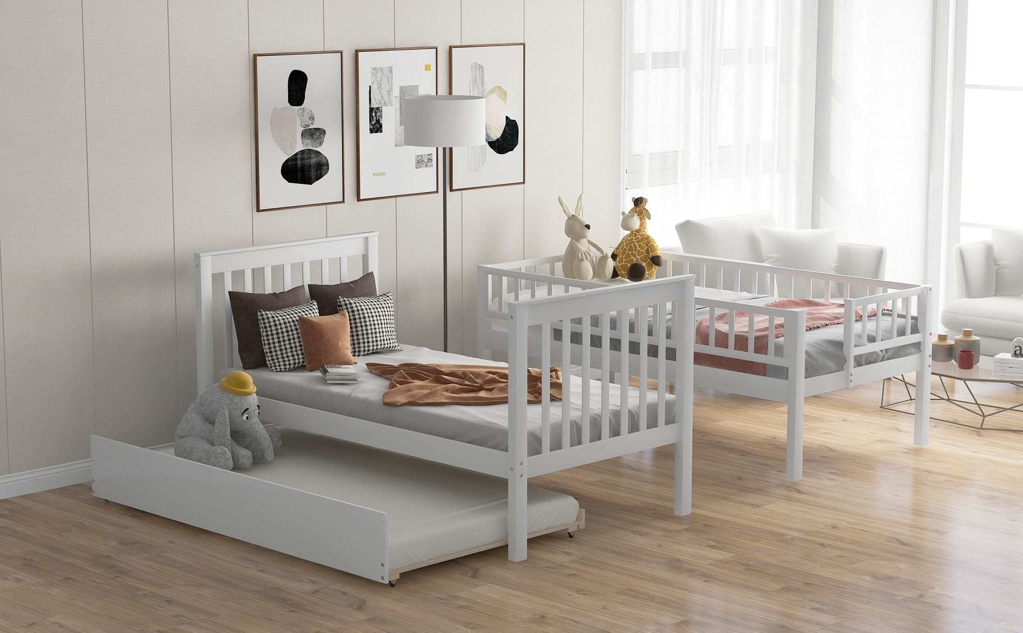 Space-Saving Twin Over Twin Wood Bunk Bed with Trundle and Storage in White or Gray | Just Better Bunk Beds