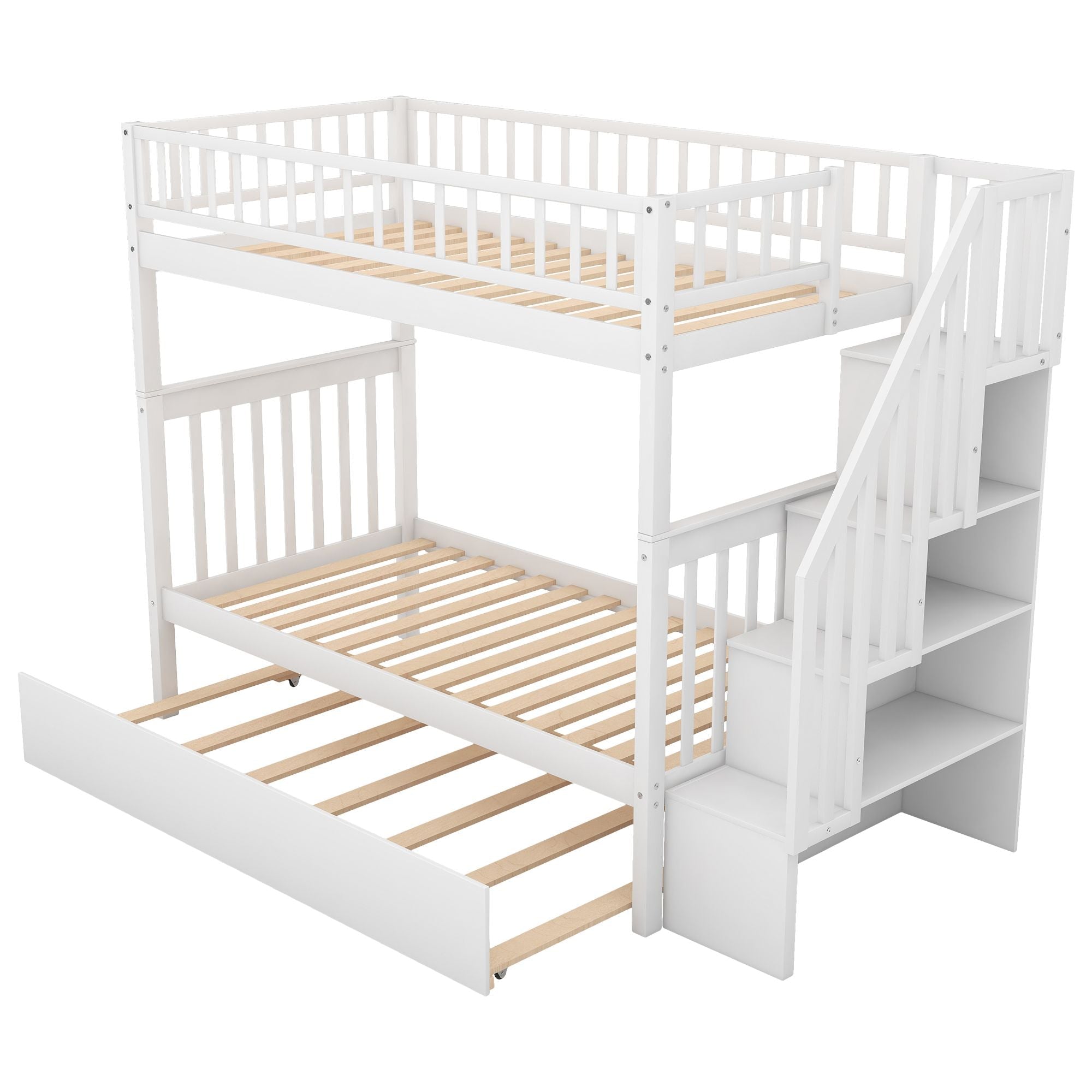 Space-Saving Twin Over Twin Wood Bunk Bed with Trundle and Storage Shelves, White | Just Better Bunk Beds