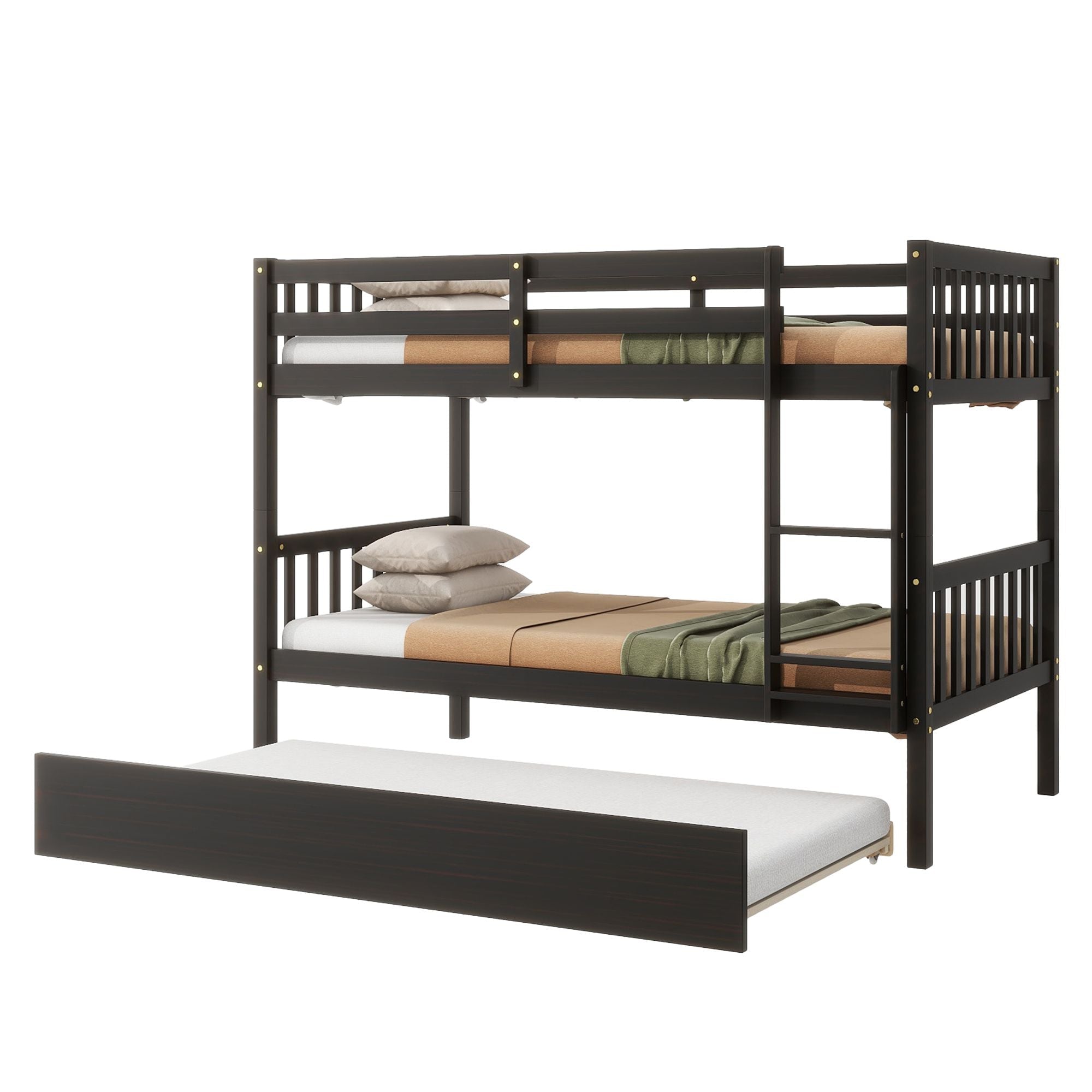 Space-Saving Twin Over Twin Wood Bunk Bed with Trundle, Ladder, and Guardrails in Espresso | Just Better Bunk Beds