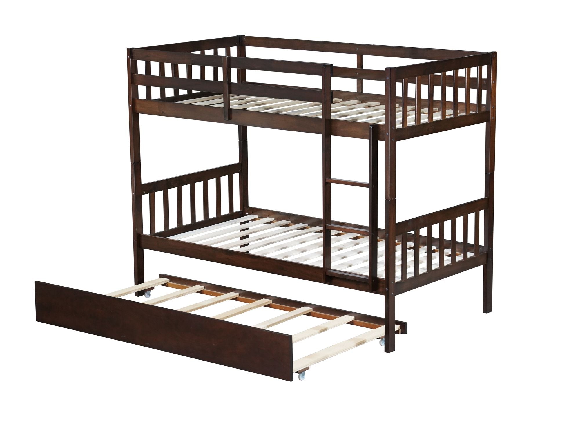 Space-Saving Twin Over Twin Wood Bunk Bed with Trundle, Ladder, and Guardrails in Espresso | Just Better Bunk Beds