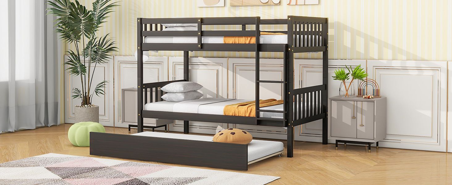 Space-Saving Twin Over Twin Wood Bunk Bed with Trundle, Ladder, and Guardrails in Espresso | Just Better Bunk Beds