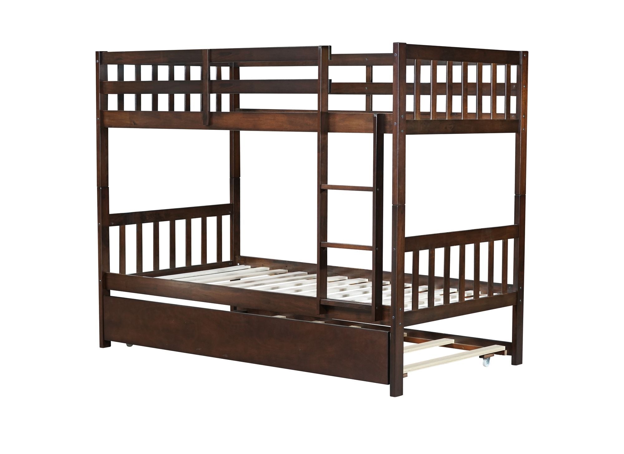 Space-Saving Twin Over Twin Wood Bunk Bed with Trundle, Ladder, and Guardrails in Espresso | Just Better Bunk Beds