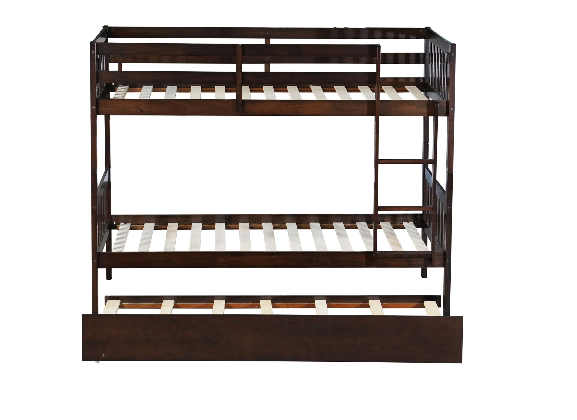 Space-Saving Twin Over Twin Wood Bunk Bed with Trundle, Ladder, and Guardrails in Espresso | Just Better Bunk Beds
