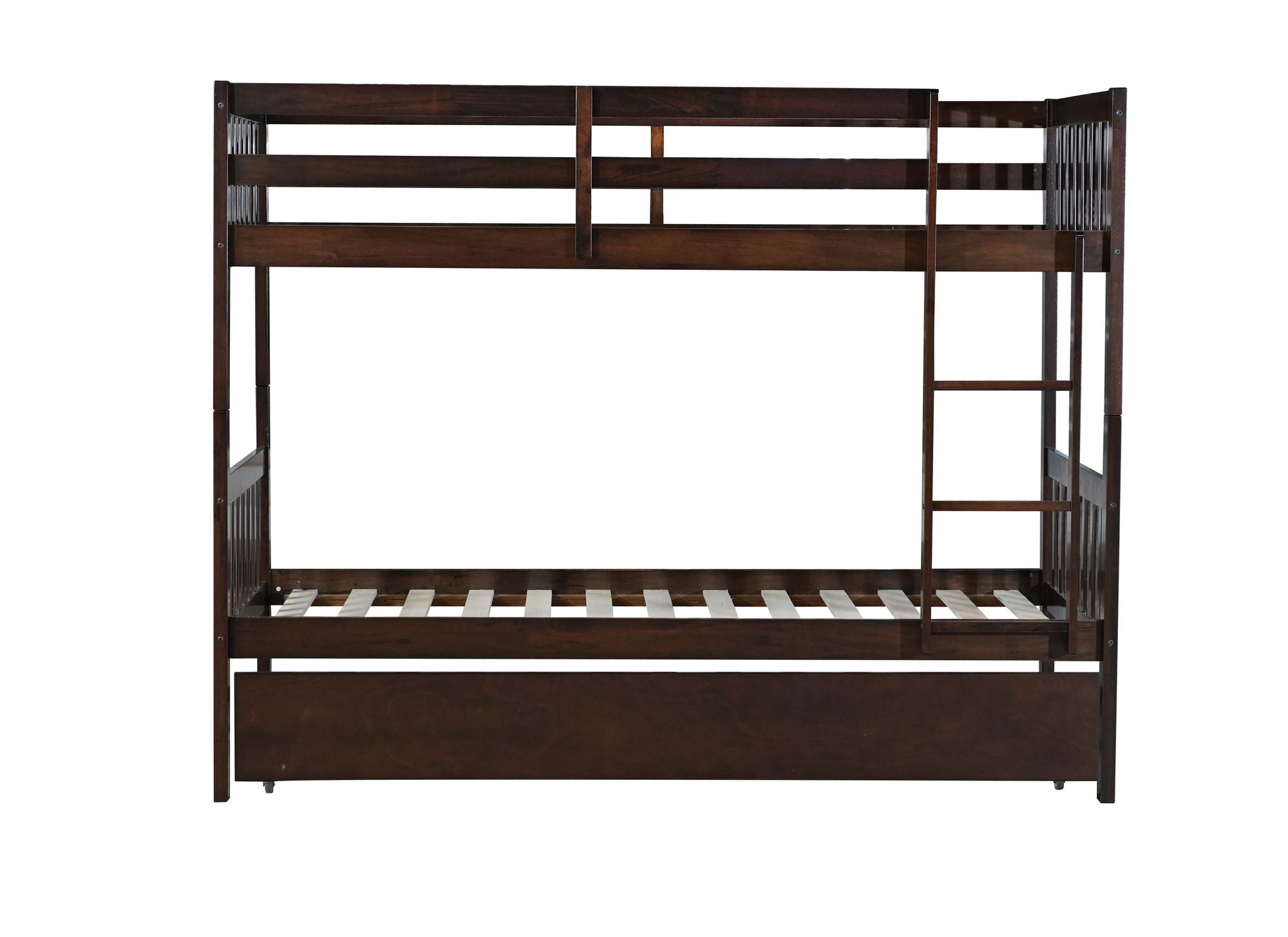 Space-Saving Twin Over Twin Wood Bunk Bed with Trundle, Ladder, and Guardrails in Espresso | Just Better Bunk Beds