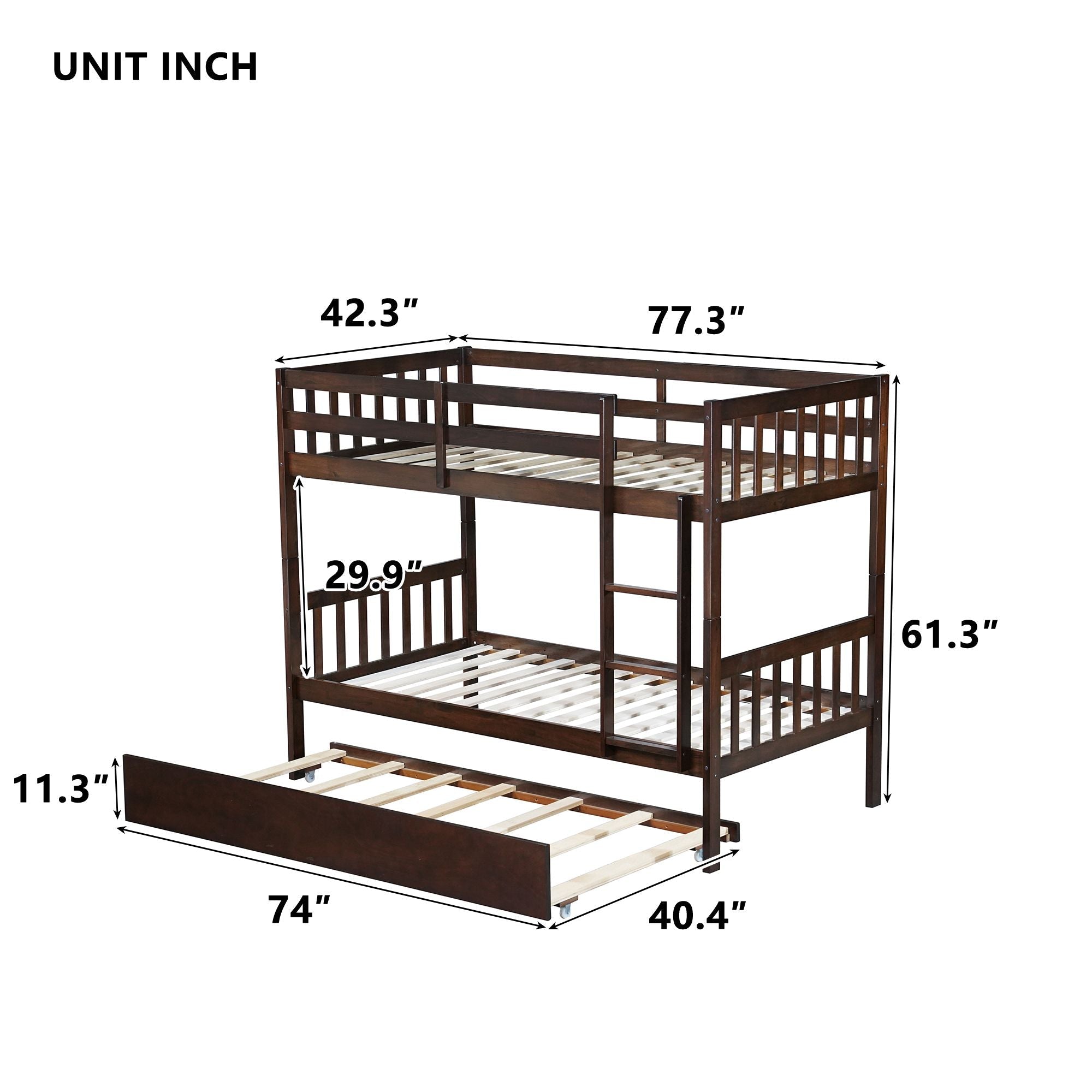 Space-Saving Twin Over Twin Wood Bunk Bed with Trundle, Ladder, and Guardrails in Espresso | Just Better Bunk Beds