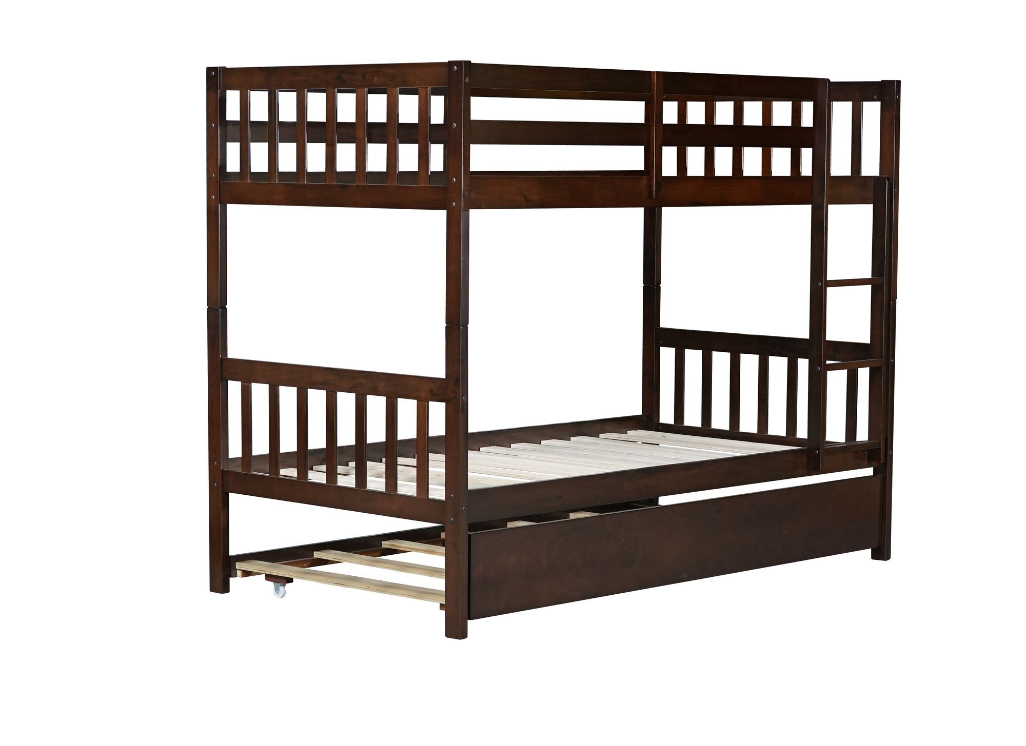 Space-Saving Twin Over Twin Wood Bunk Bed with Trundle, Ladder, and Guardrails in Espresso | Just Better Bunk Beds