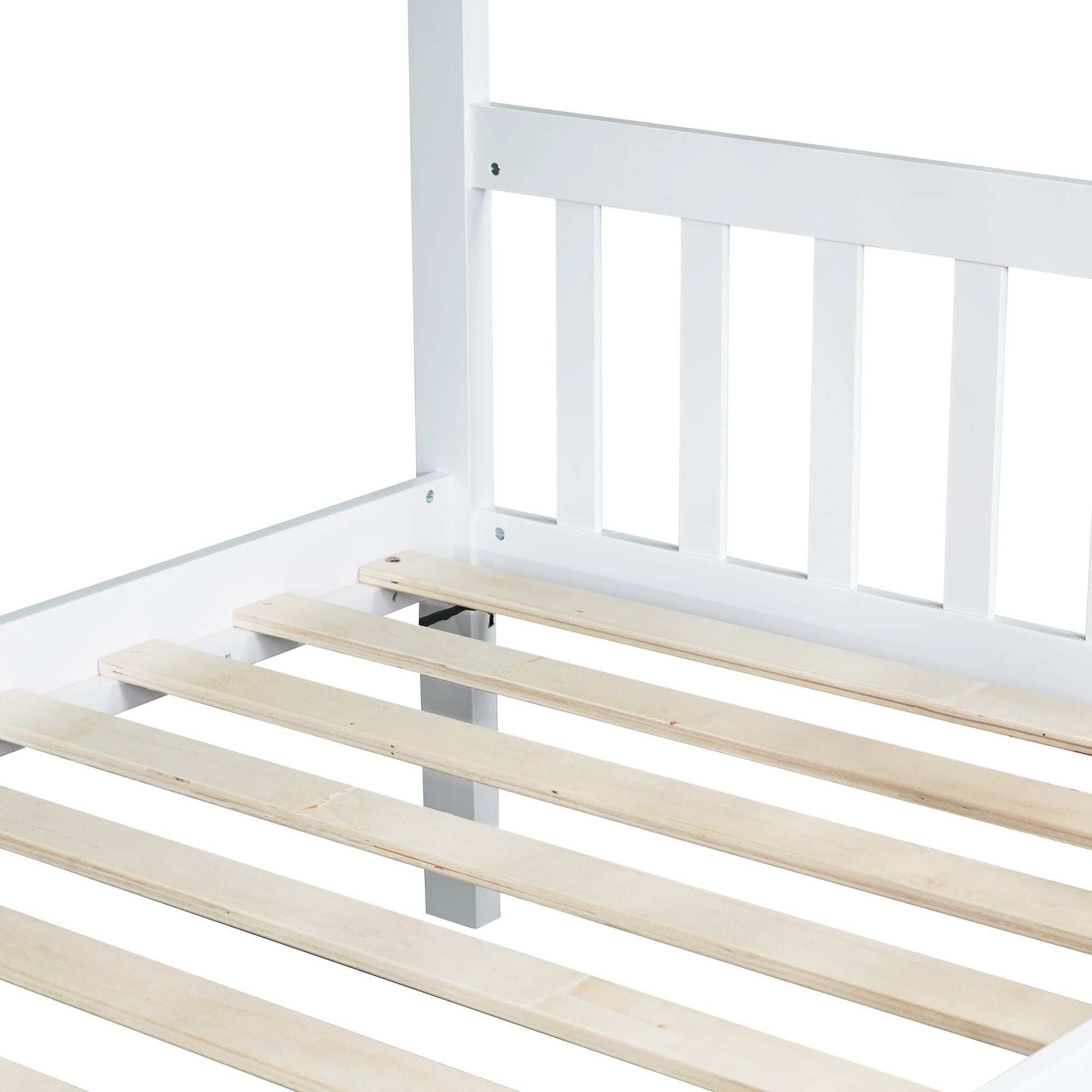 Space-Saving Twin Over Twin Wood Bunk Bed with Trundle, Ladder, Guardrails, White | Just Better Bunk Beds