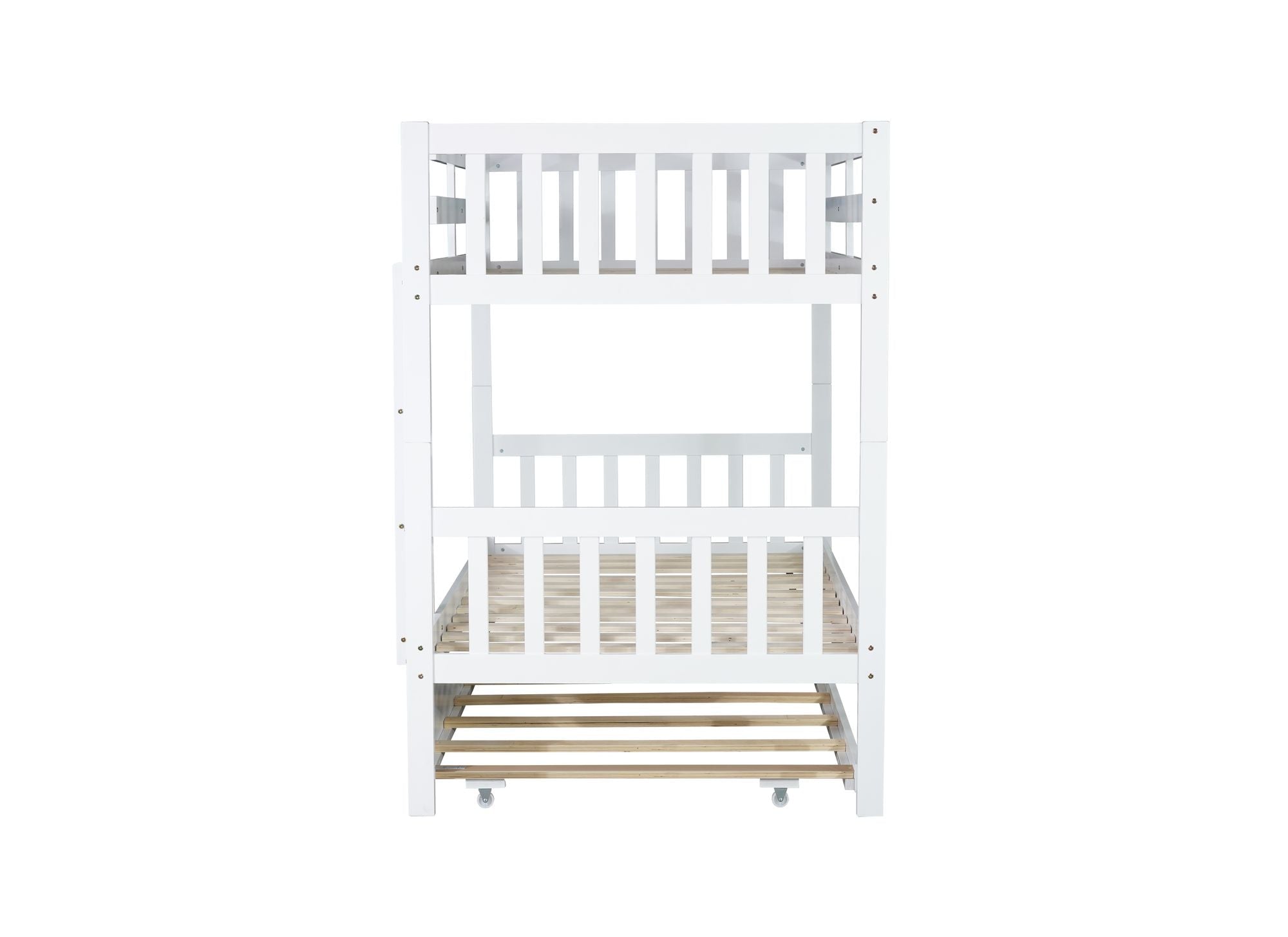 Space-Saving Twin Over Twin Wood Bunk Bed with Trundle, Ladder, Guardrails, White | Just Better Bunk Beds