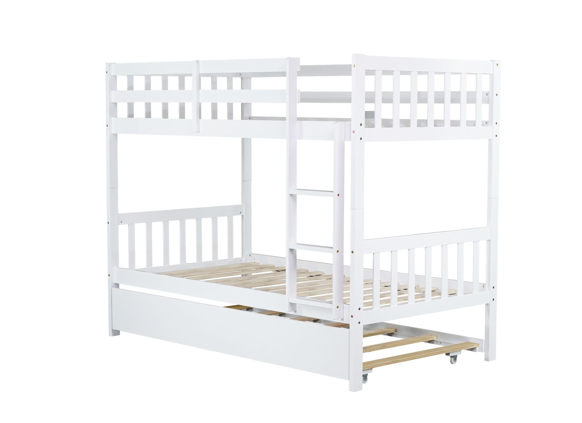 Space-Saving Twin Over Twin Wood Bunk Bed with Trundle, Ladder, Guardrails, White | Just Better Bunk Beds