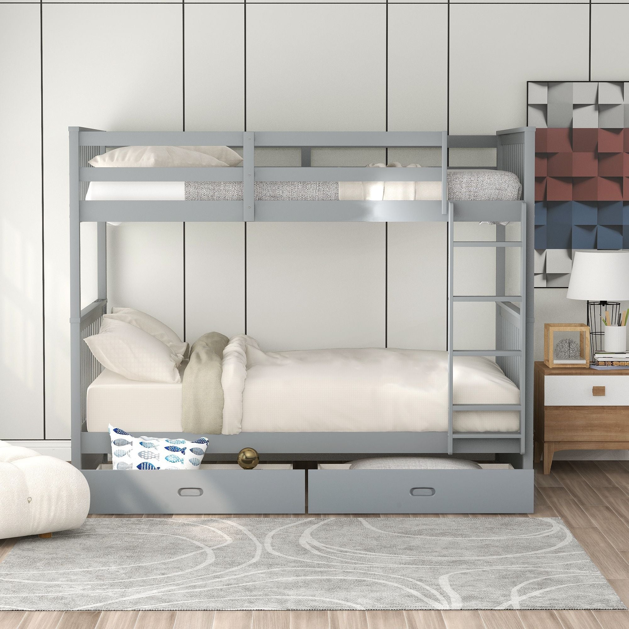 Space-Saving Twin Over Twin Wood Bunk Bed with Two Storage Drawers and Ladders in Multiple Finishes | Just Better Bunk Beds