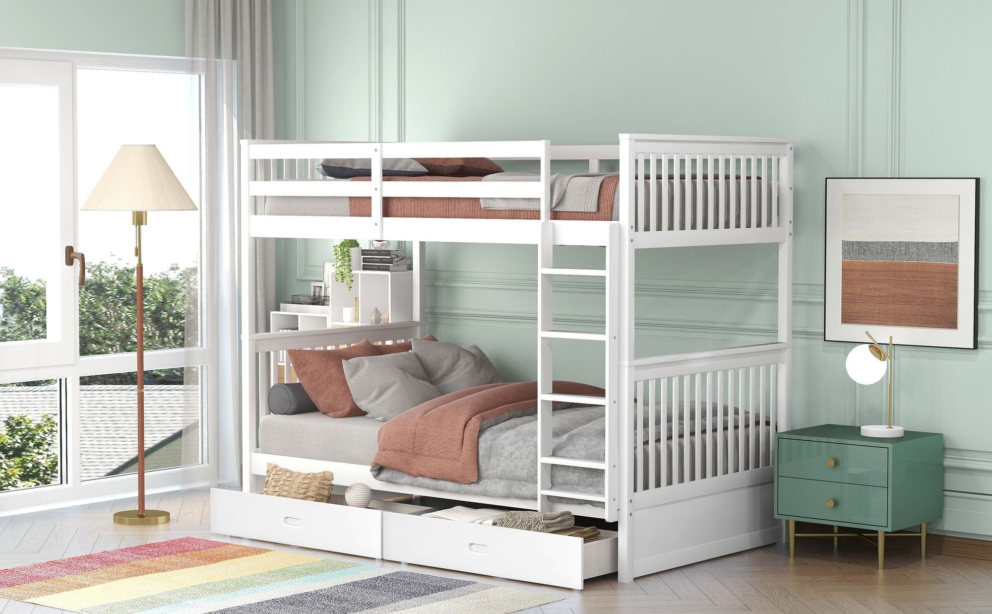 Space-Saving Twin Over Twin Wood Bunk Bed with Two Storage Drawers and Ladders in Multiple Finishes | Just Better Bunk Beds