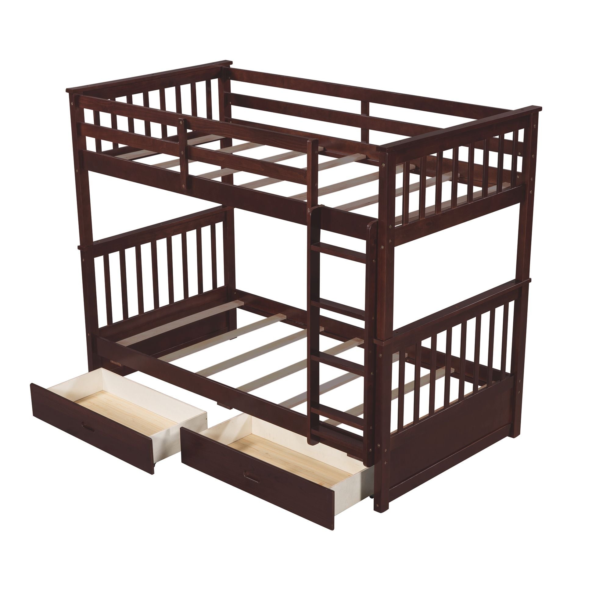 Space-Saving Twin Over Twin Wood Bunk Bed with Two Storage Drawers and Ladders in Multiple Finishes | Just Better Bunk Beds