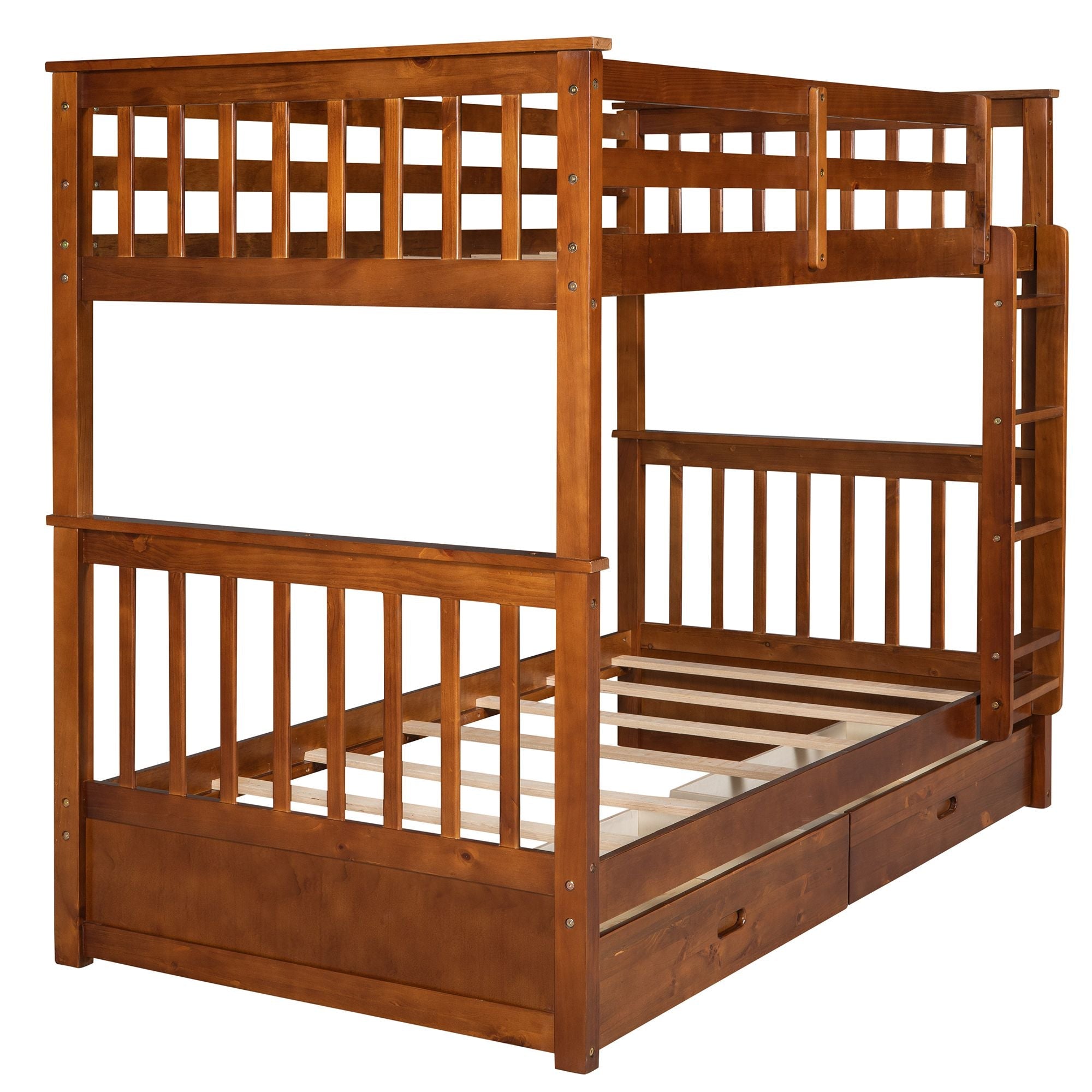 Space-Saving Twin Over Twin Wood Bunk Bed with Two Storage Drawers and Ladders in Multiple Finishes | Just Better Bunk Beds