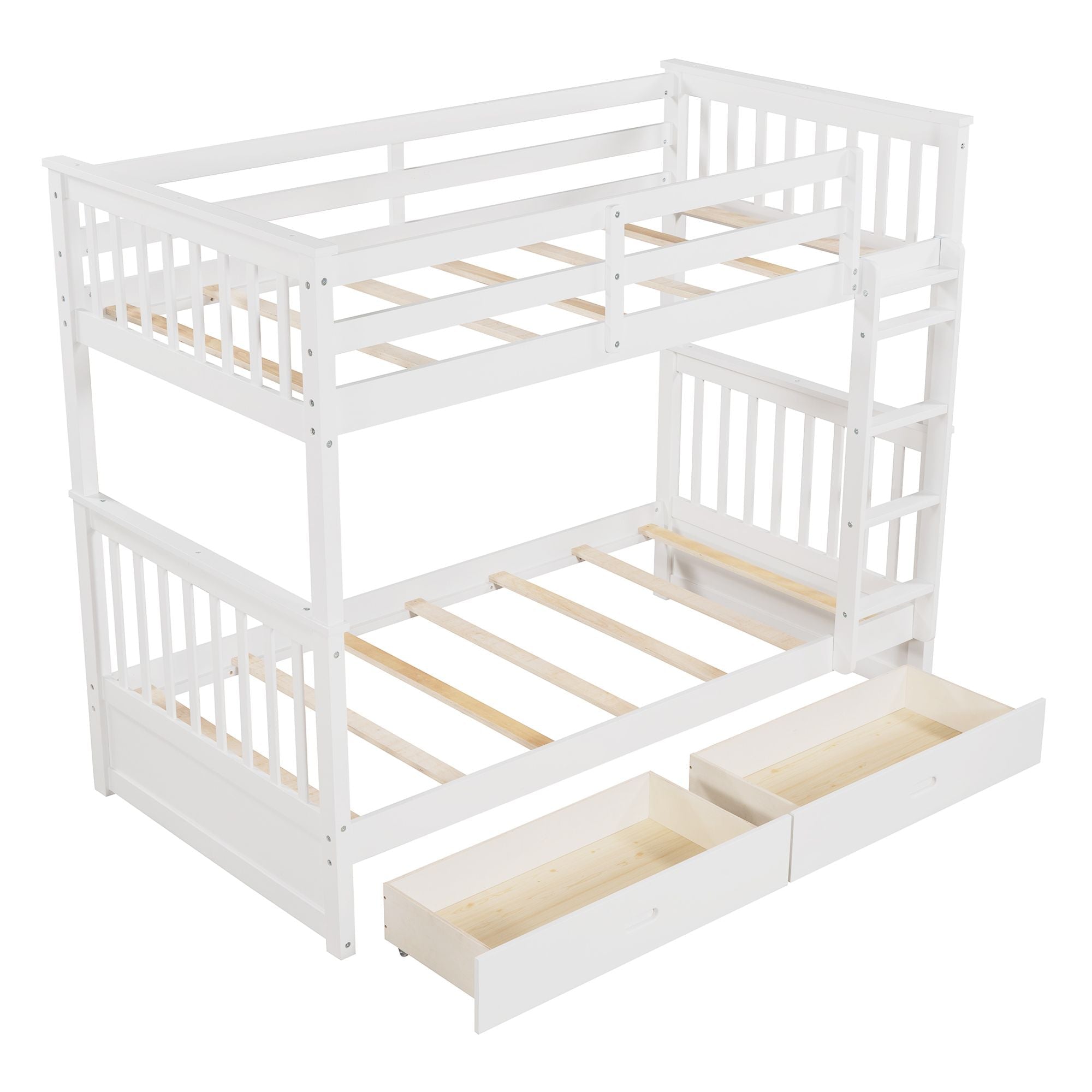 Space-Saving Twin Over Twin Wood Bunk Bed with Two Storage Drawers and Ladders in Multiple Finishes | Just Better Bunk Beds