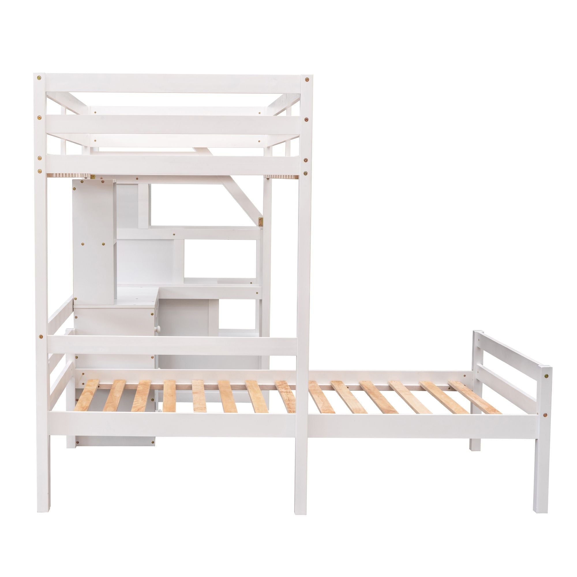 Space-Saving Twin Over Twin Wood Loft Bed with Desk, Storage Staircase, Stand-Alone Bed in White | Just Better Bunk Beds