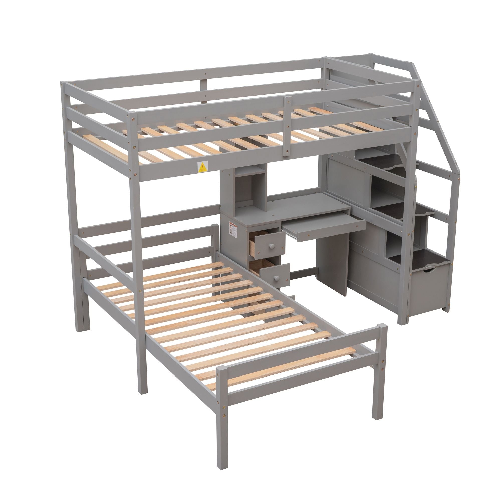 Space-Saving Twin Over Twin Wood Loft Bed with Desk, Storage Staircase, Stand-Alone Bed in White | Just Better Bunk Beds