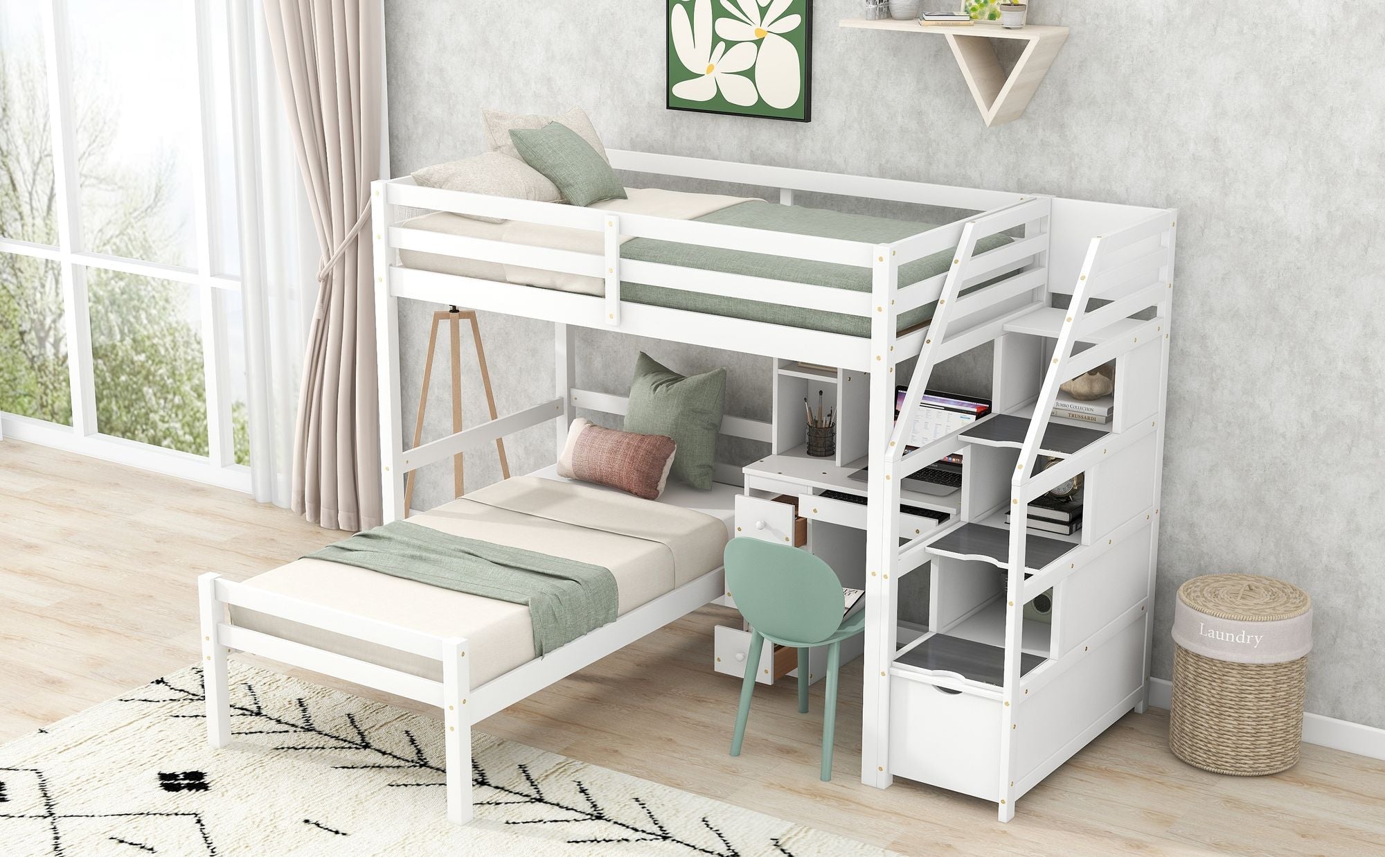 Space-Saving Twin Over Twin Wood Loft Bed with Desk, Storage Staircase, Stand-Alone Bed in White | Just Better Bunk Beds