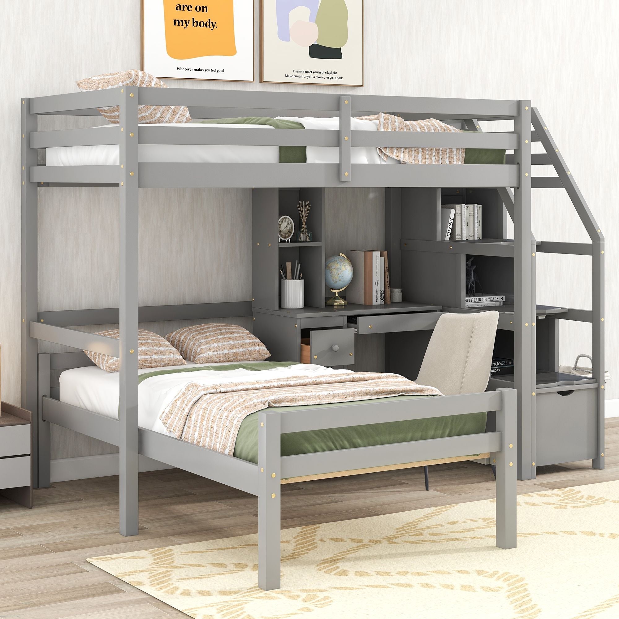 Space-Saving Twin Over Twin Wood Loft Bed with Desk, Storage Staircase, Stand-Alone Bed in White | Just Better Bunk Beds