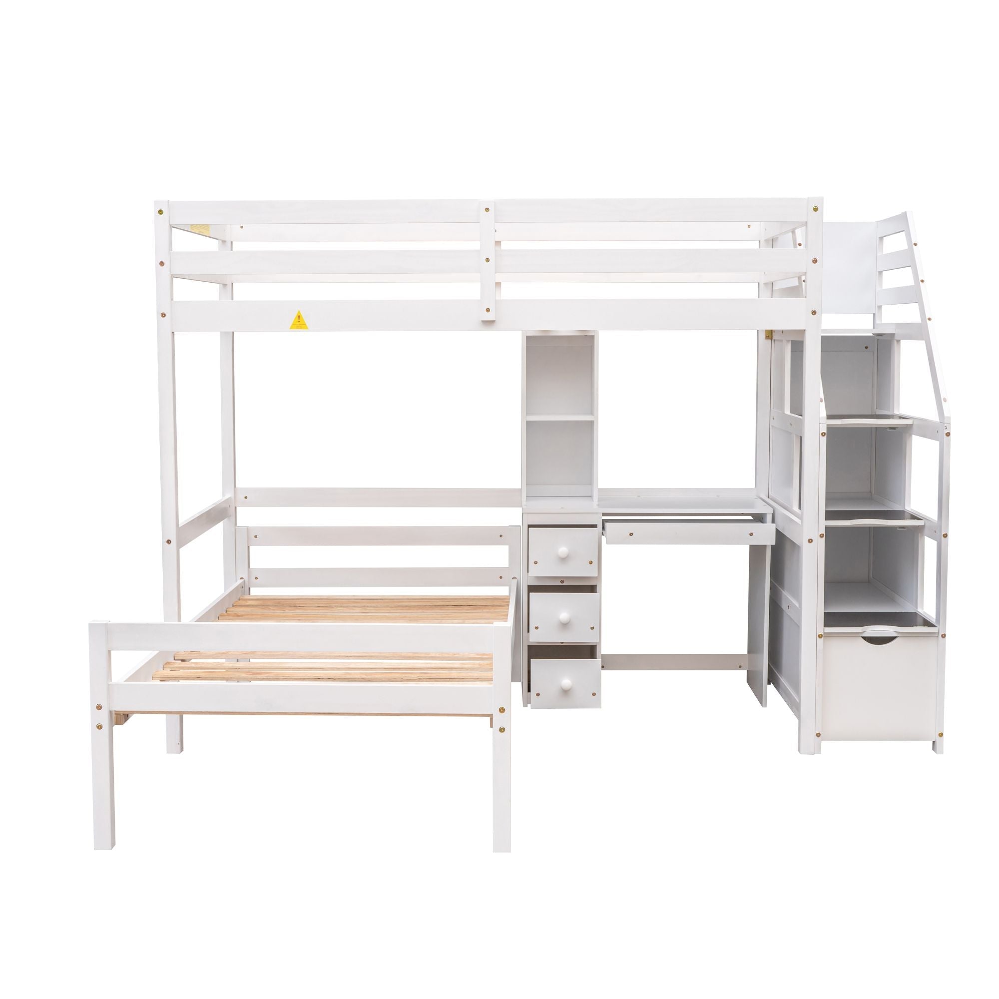 Space-Saving Twin Over Twin Wood Loft Bed with Desk, Storage Staircase, Stand-Alone Bed in White | Just Better Bunk Beds