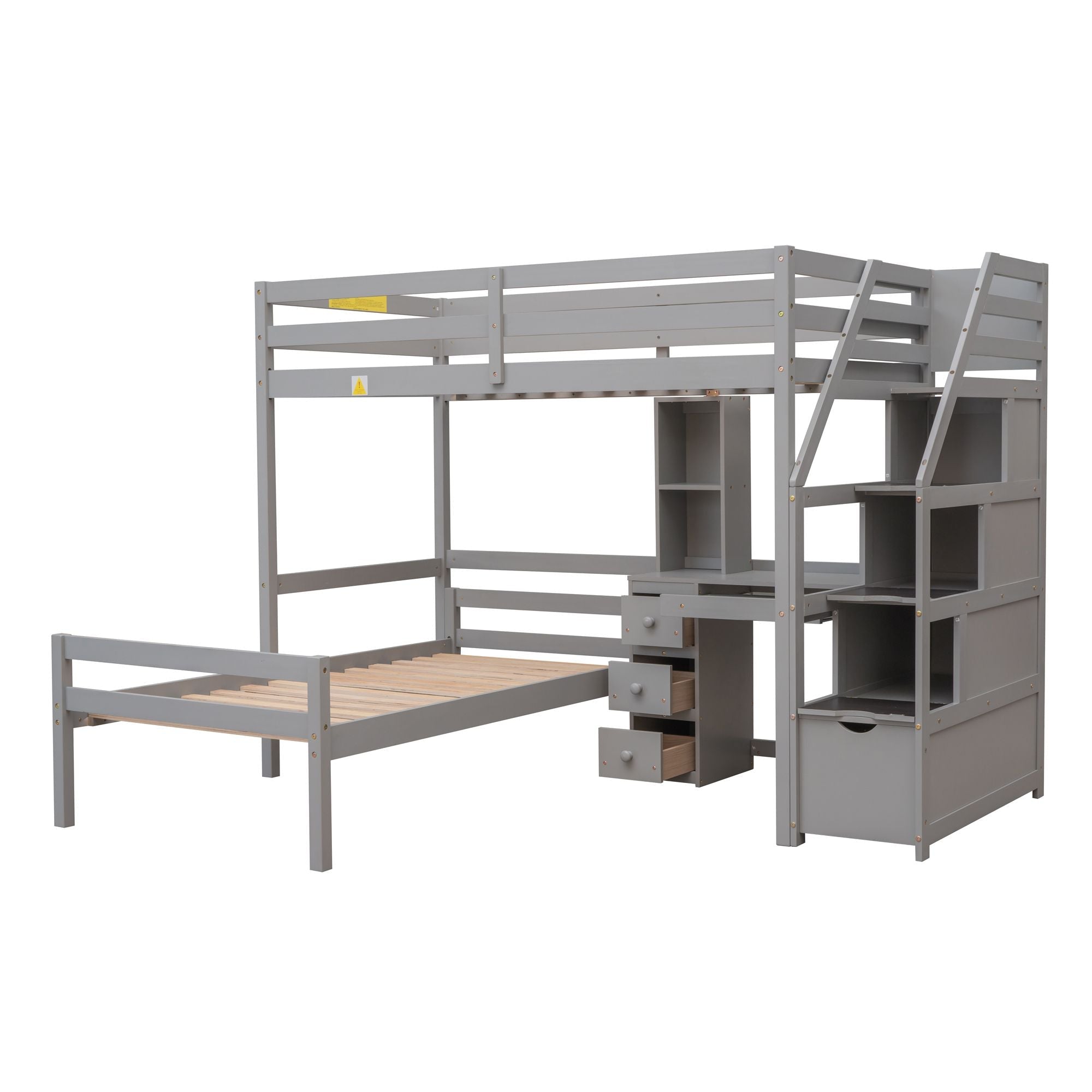 Space-Saving Twin Over Twin Wood Loft Bed with Desk, Storage Staircase, Stand-Alone Bed in White | Just Better Bunk Beds