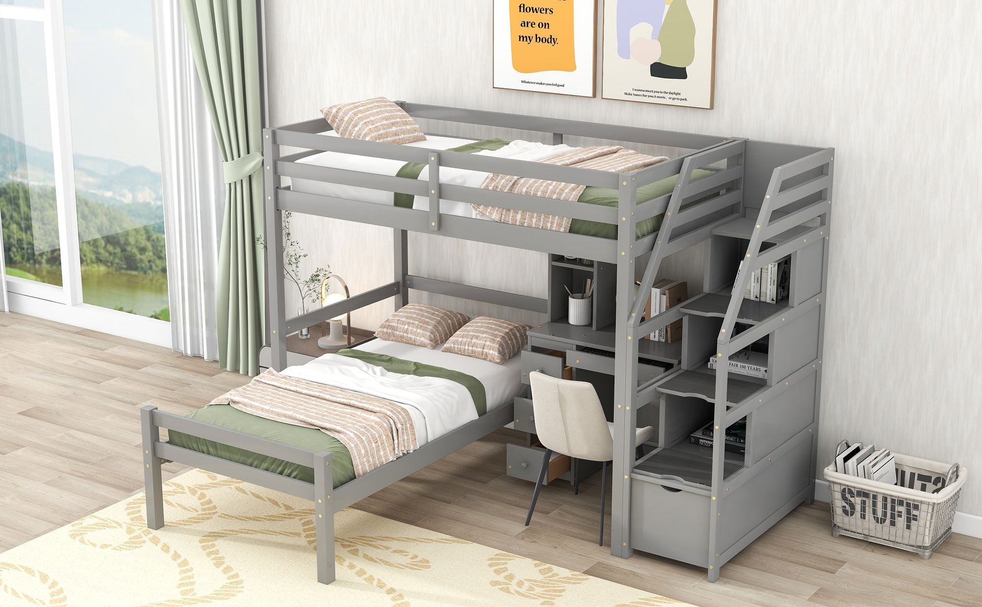 Space-Saving Twin Over Twin Wood Loft Bed with Desk, Storage Staircase, Stand-Alone Bed in White | Just Better Bunk Beds