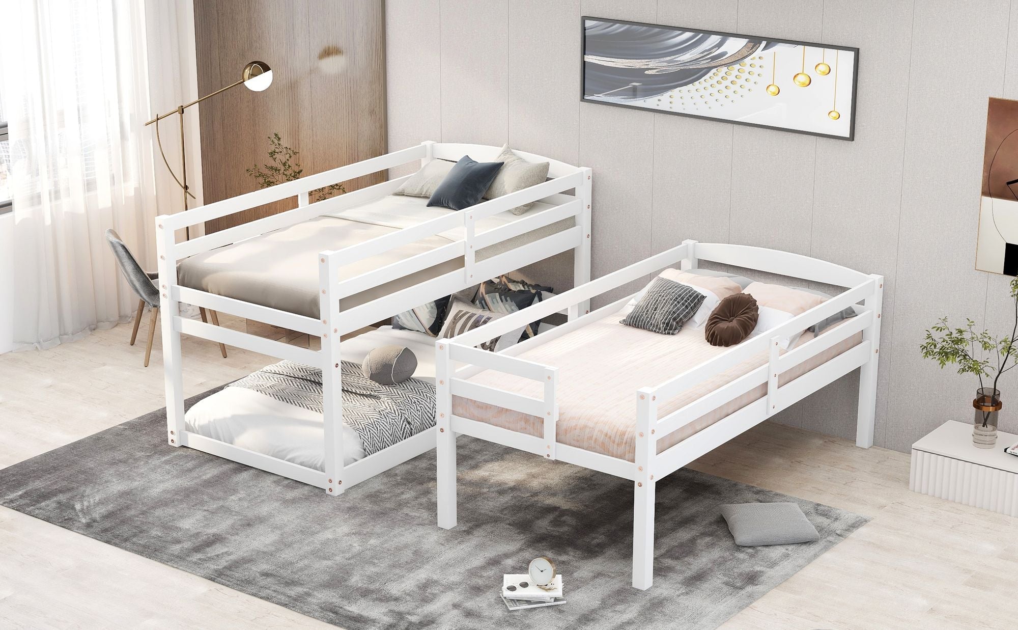 Space-Saving Twin Triple Wood Bunk Bed with Storage Staircase, White | Just Better Bunk Beds
